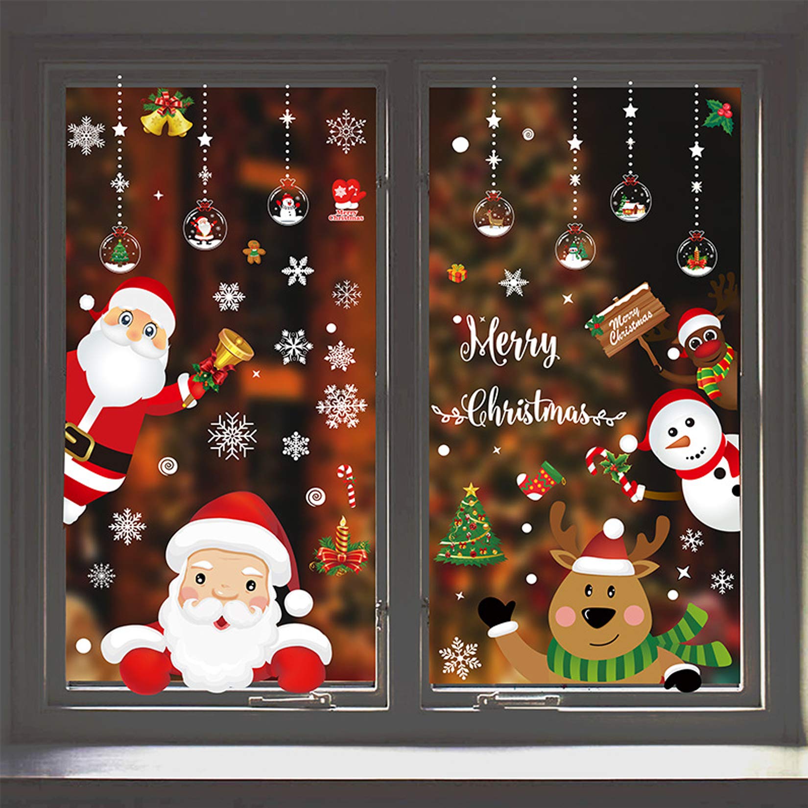 TAOHUIEU Christmas Window Stickers, Christmas Window Decorations Double Side Pattern, Snowflake Snowman Santa Reindeer Window Stickers for Xmas Window Display Decoration