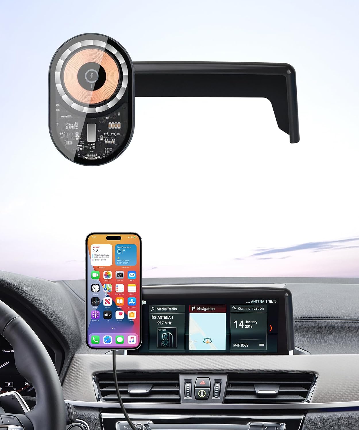 Wireless Charging Car Phone Holder for BMW X1 2016-2022 / X2 2018-2023, 8.8" Screen Fixed Clip, 360° Rotation Car Phone Mount Compatible with MagSafe