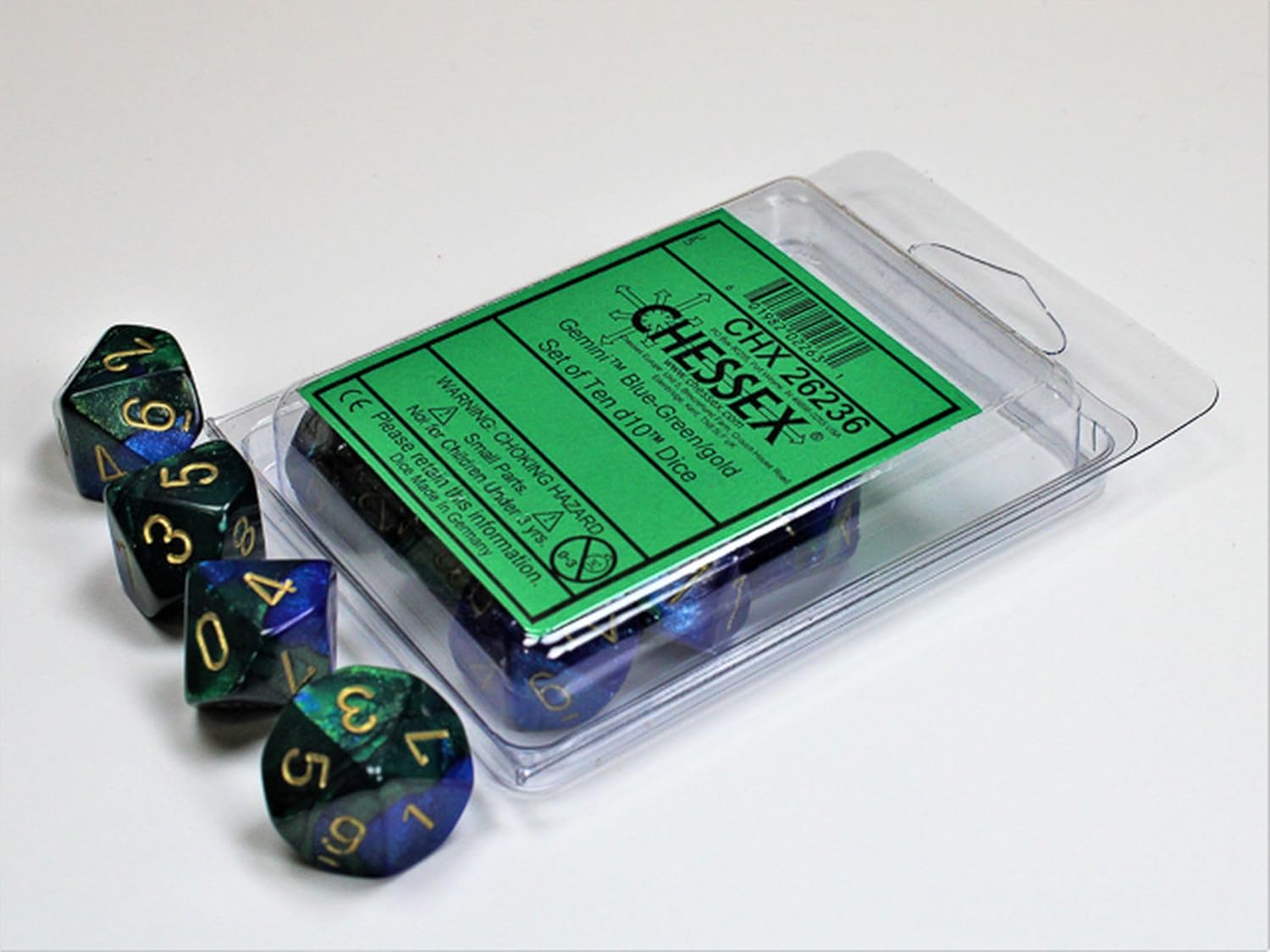Chessex Dice Sets: Gemini Blue & Green with Gold - Ten Sided Die d10 Set (10)