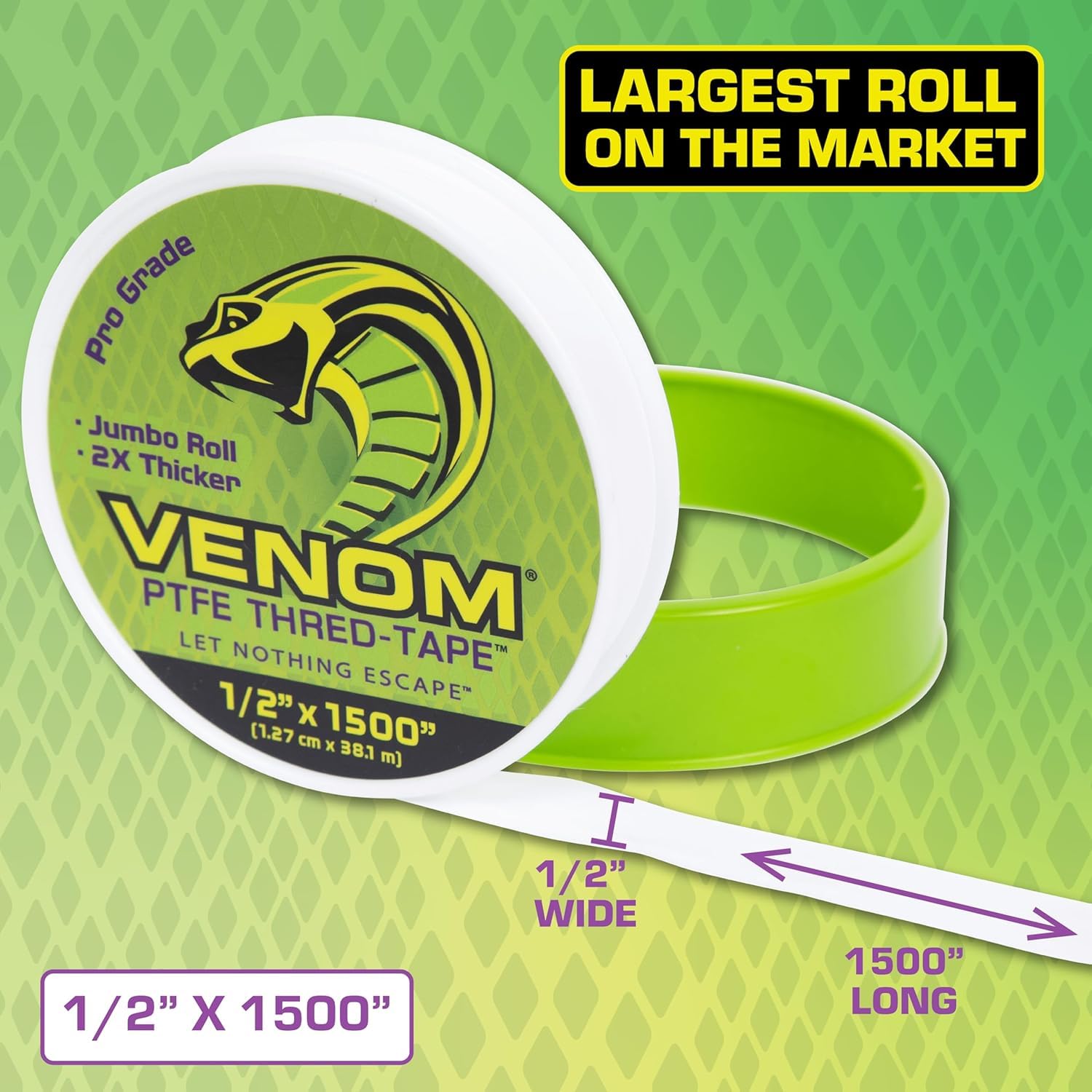Gasoila Venom Pro-Grade PTFE Thread Tape, 1/2" x 1500", Pack of 10