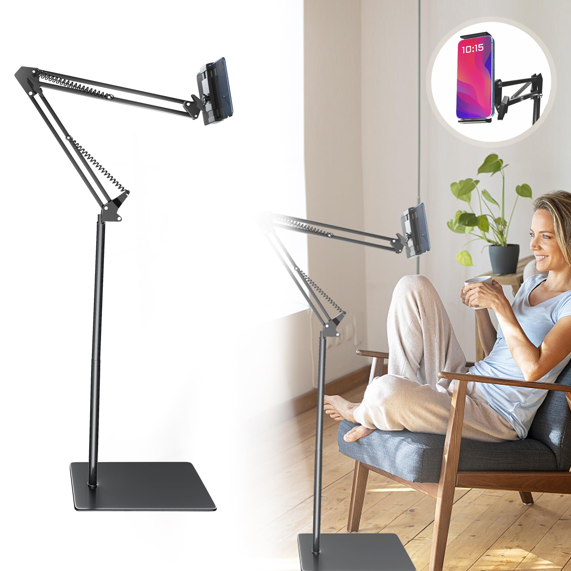 iPad Adjustable Floor Stand, Universal Mobile Phone and Tablet Floor Stand, 360 Degree Rotatable Tablet Holder for 4.7-13 Inch Pro 10.5/9.7/12.9, iPad Air, Mini 2/3/4, Galaxy Tab, eBook - Black