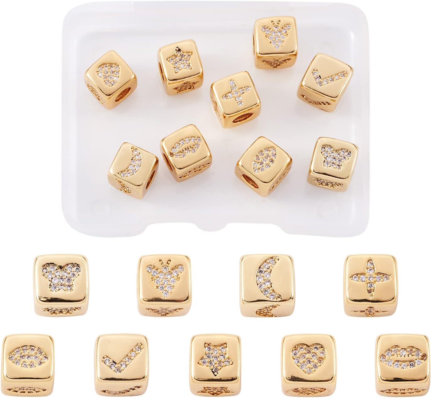 Craftdady 9pcs Cubic Zirconia Butterfly Star Pattern Cube Beads Micro Pave Golden Square European Beads Crystal Bracelet Connector Pony Beads 9x9mm for Necklace Earring Jewelry Craft