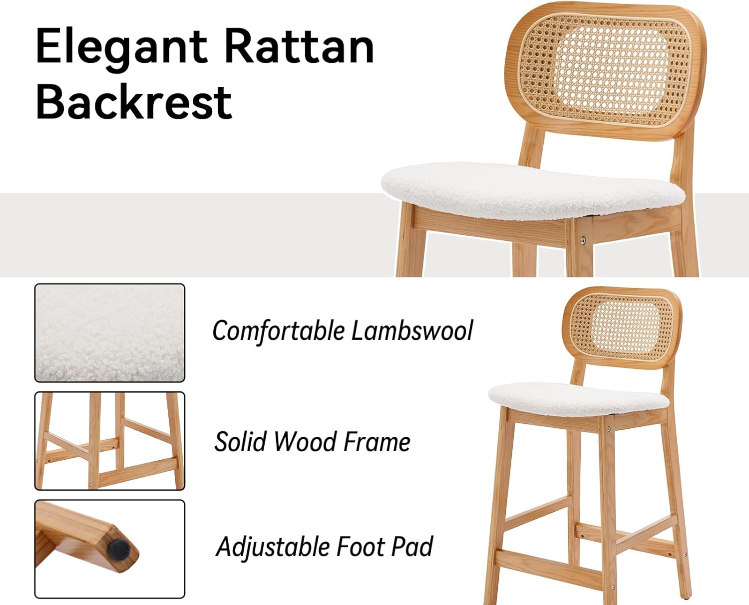 Shunzhi Rattan Counter Height Bar Stools Set of 2 Wood Farmhouse Barstools with Cane Back Boho Sherpa Kitchen Island Chairs Upholstered Bar Chairs for Pub/Home Bar, 26Inch, Cream