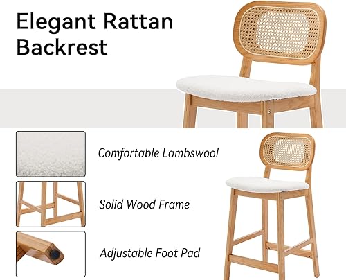Miniatura 3 de Shunzhi Juego de 2 taburetes de bar de ratán con respaldo de bastón, sillas de bar tapizadas para pubbar en casa, 26 pulgadas, color crema