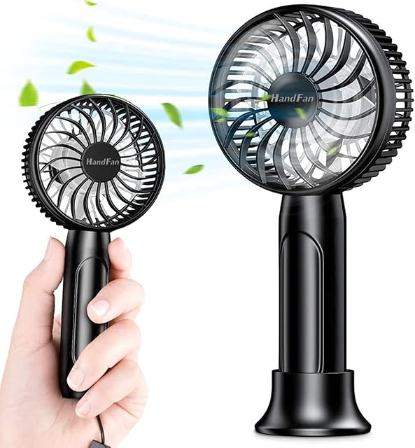 HandFan Personal Fan Handheld Fan Battery Powered Portable Rechargeable Pocket Size Last 18Hrs,Strong Airflow, 4 Speeds Removable Base USB Desk Fan For Travel Office Hot Flashes Outdoor Sports