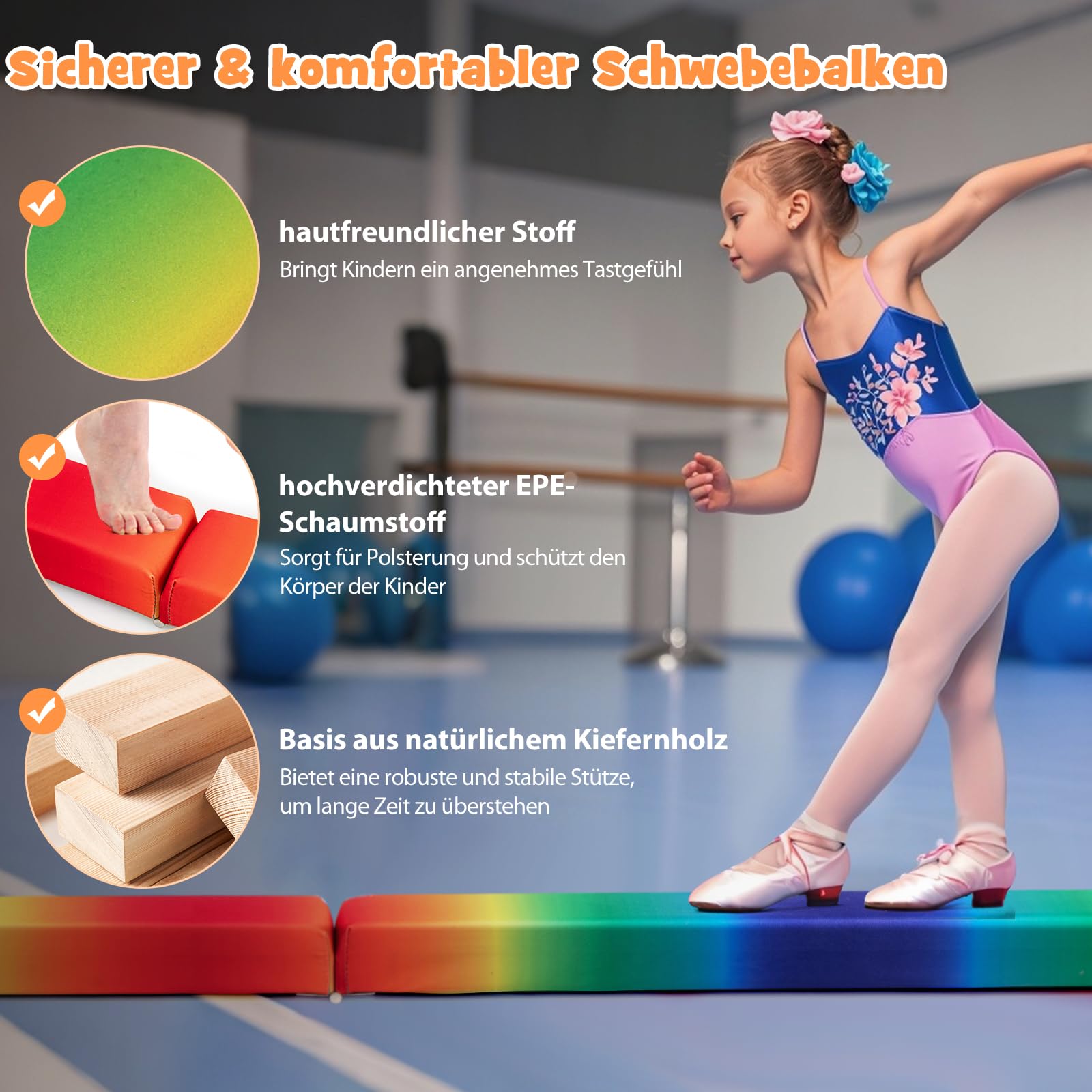 GYMAX Viga de Gimnasia Plegable de 210/240/270 cm, Barra de Equilibrio con Base Antideslizante, Marco de Madera de Pino, Asa para Transportar, Espuma Extra Firme, para Niños