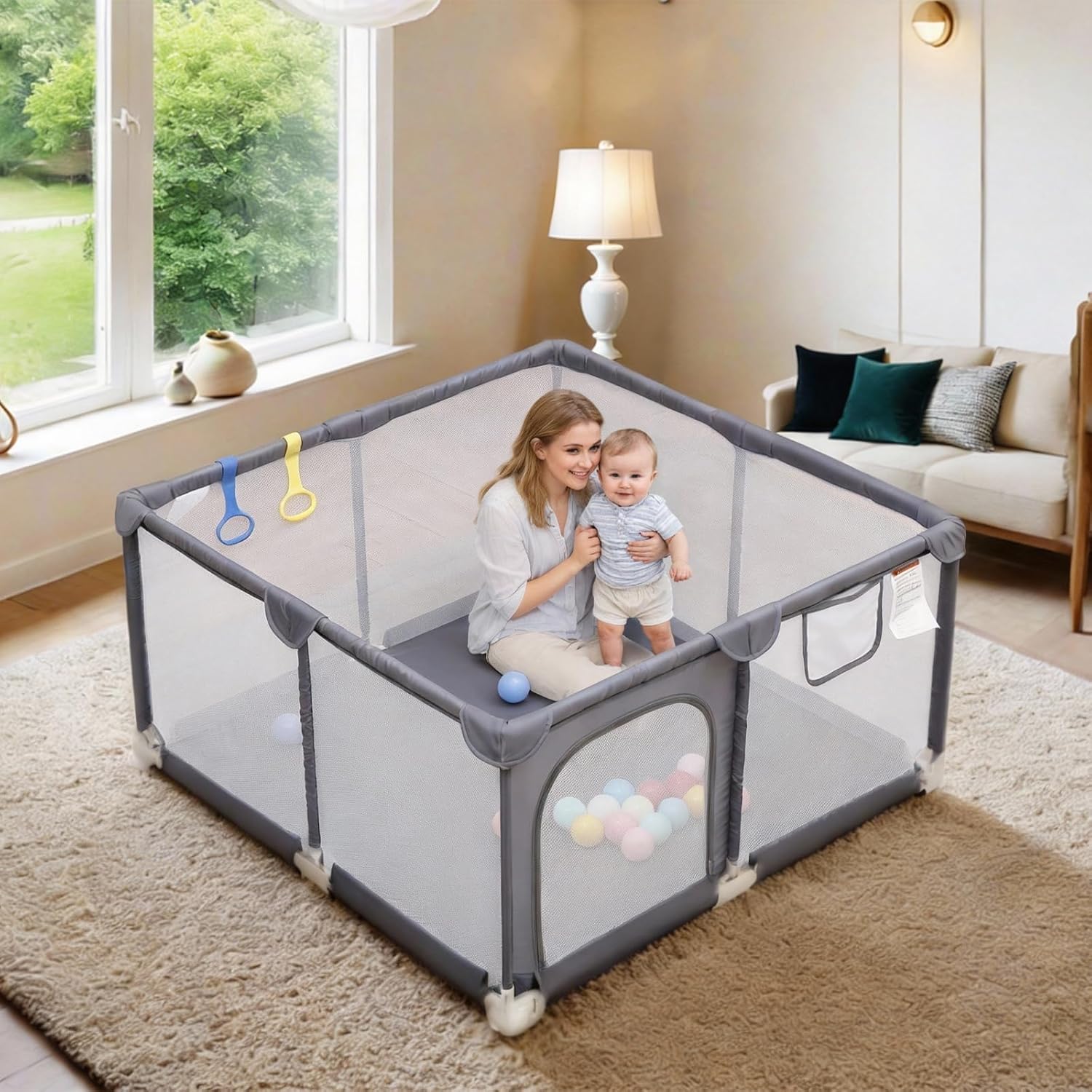 Kidirect Baby Playpen, Play Pens for Babies and Toddlers, Baby Fence Small Play Pens for Indoor & Outdoor with Breathable Mesh Safety Gate Play Yard(Grey,47"×47")