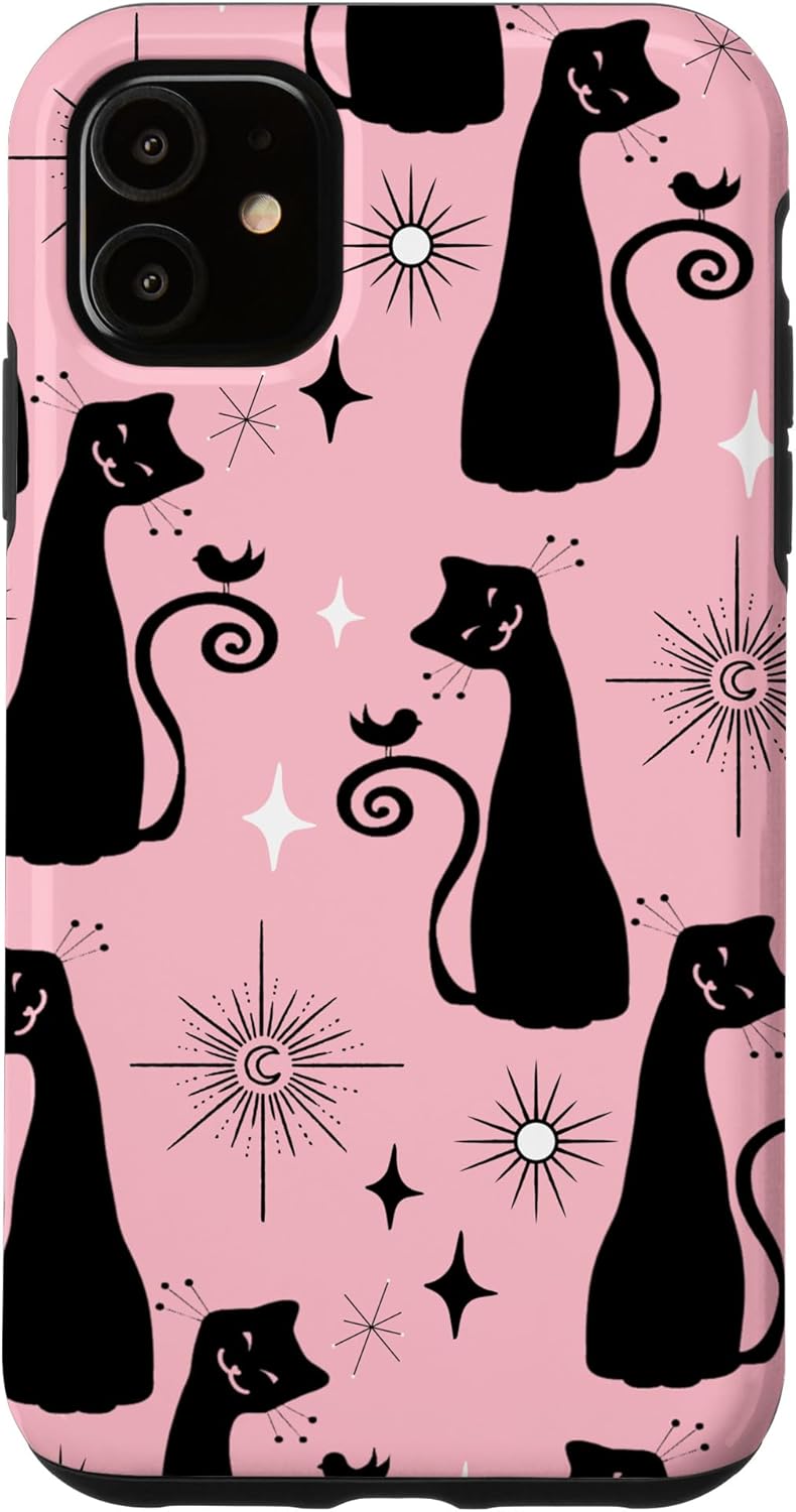 Midcentury Mid Century Cat Retro Atomic Age Space Pink Black Case for iPhone XR