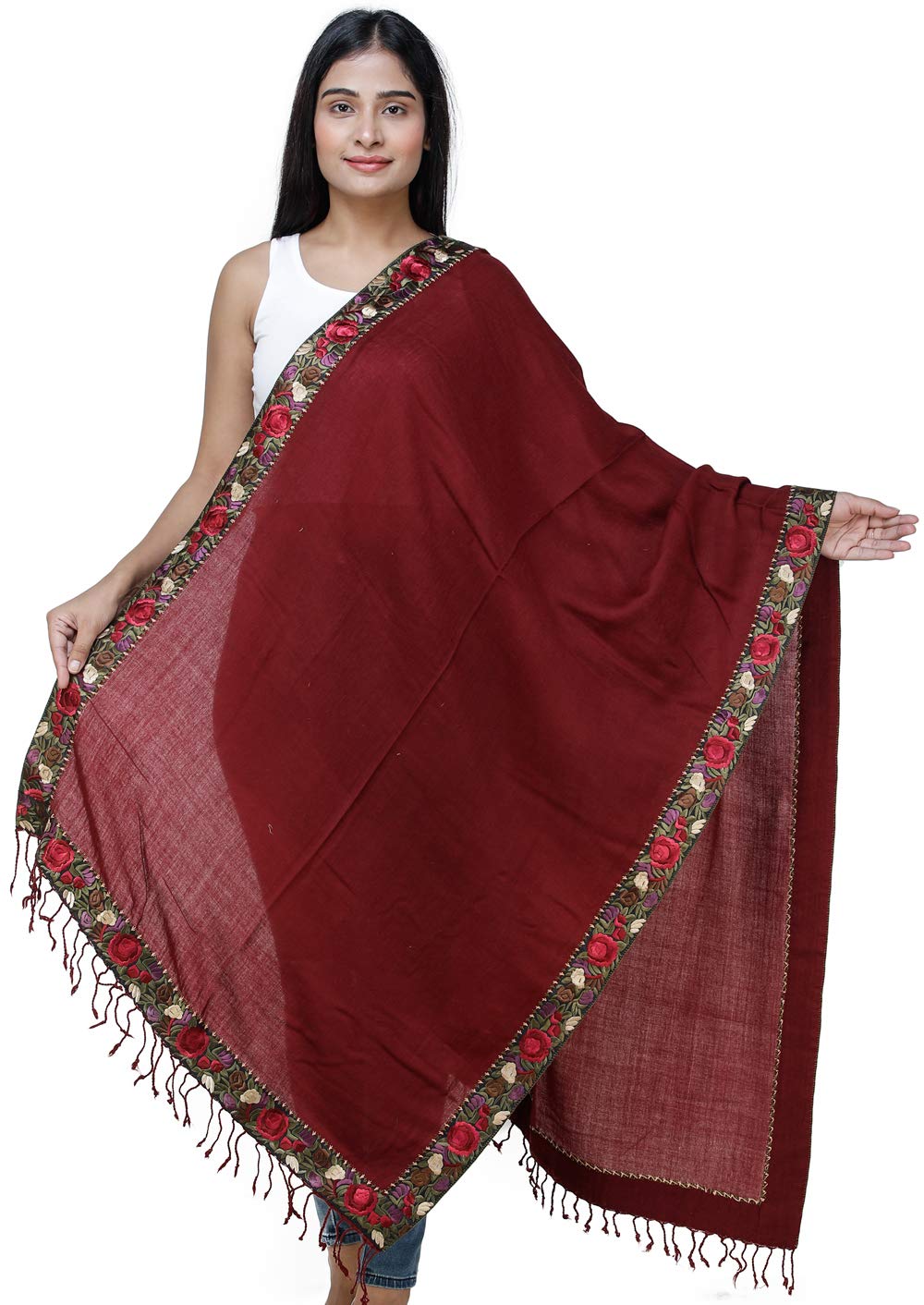 Exotic India Plain Stole from Amritsar with Embroidered Floral Patch Border - Pure Wool