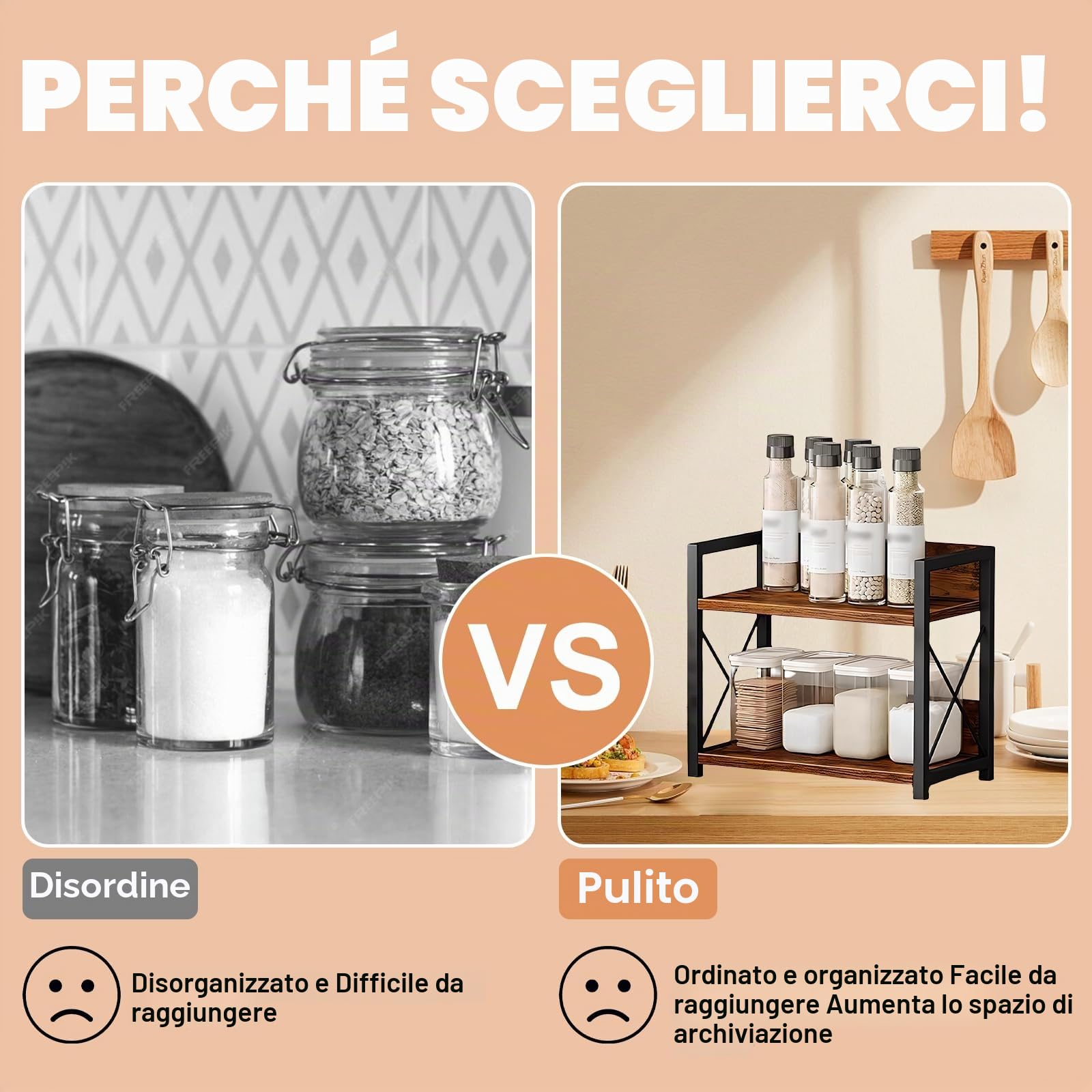 Scaffale Salvaspazio Cucina a 2 Ripiani,Scaffale da Appoggio a Metallo e Legno,Mensola Cucina Salvaspazio,Supporto Porta Spezie da Appoggio a 2 Livelli per Sala da Pranzo, Ufficio