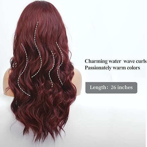 Miniatura 4 de HAIRCBE - Peluca larga roja con flequillo, pelucas rizadas burdeos para mujer, peluca sintética resistente al calor, para uso diario