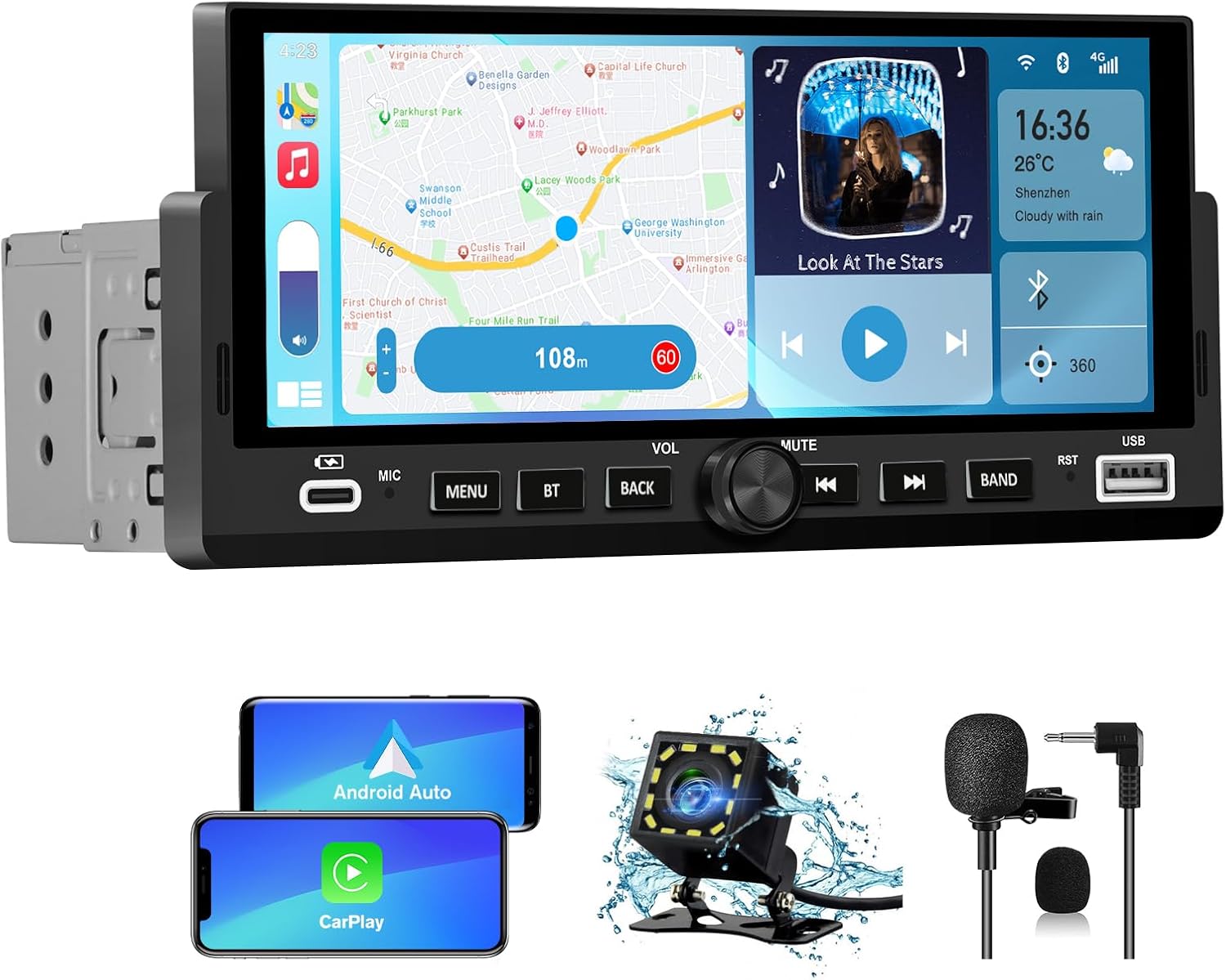 6.86 Inch Single Din Car Stereo,Wireless CarPlay & Android Auto IPS Touchscreen with Bluetooth with Backup Camera, Support USB Type-C Charging/USB/Microphone/FM/EQ
