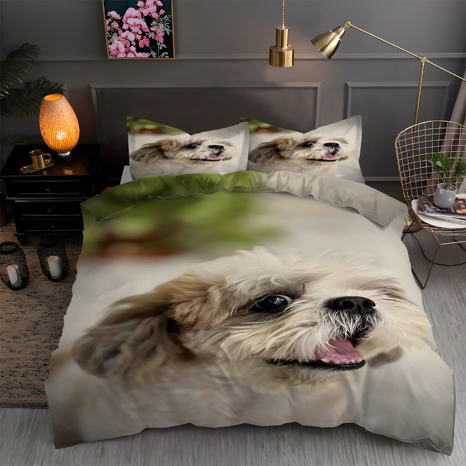 LLSZAHD Beige King Duvet Cover Shih Tzu 3D Bedding Sets Brushed Microfibre