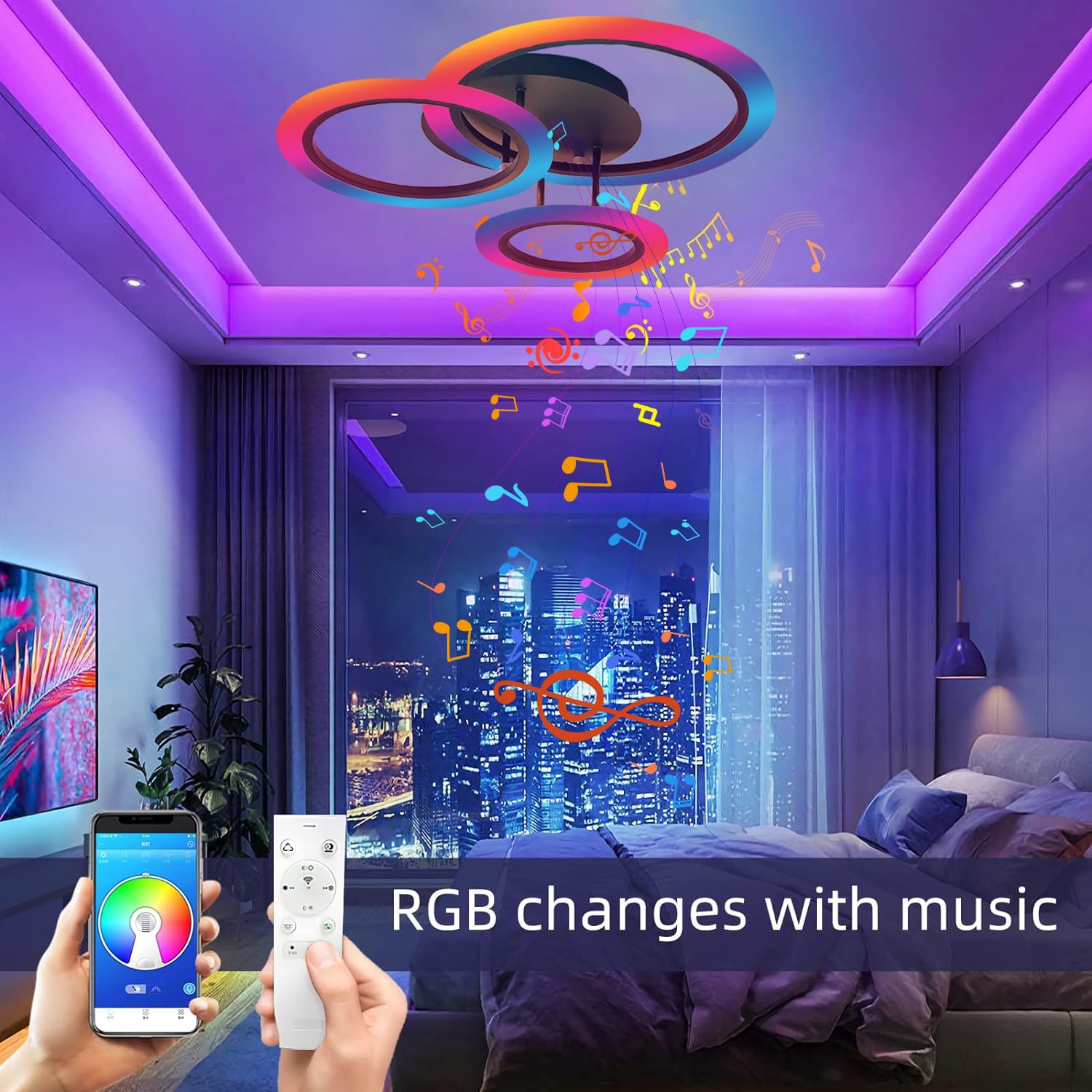 Lampada da soffitto a LED RGB Cambia colore con altoparlante Bluetooth, lampada da soggiorno, luce ad anello, dimmabile, per cameretta dei bambini, con telecomando e app