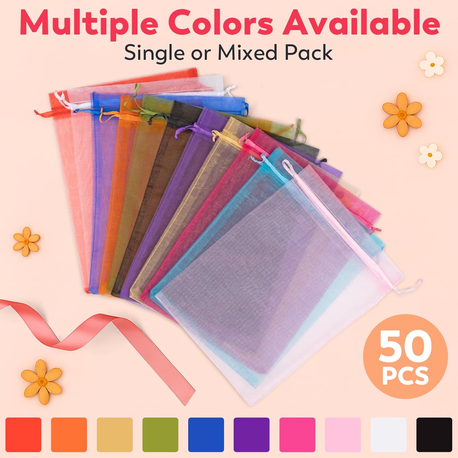 Crweety 50 Pcs Pink Organza Bags 6x9 Inches, Large Mesh Gift Bags Drawstring, Jewelry Treat Mesh Bag Drawstring for Wedding Party Favors Baby Shower Valentine's Day - Image 3