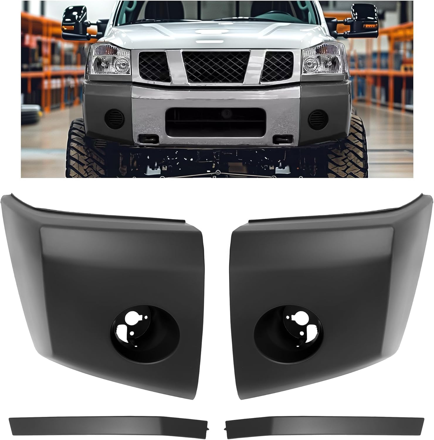 HECASA Front Bumper End Cap & Extension Filler Compatible with 2004-2007 Nissan Pathfinder Titan Armada w/Fog Light Hole Painted Black Replacement for NI1005147 NI1004147 NI1089106 NI1088106 2PCs