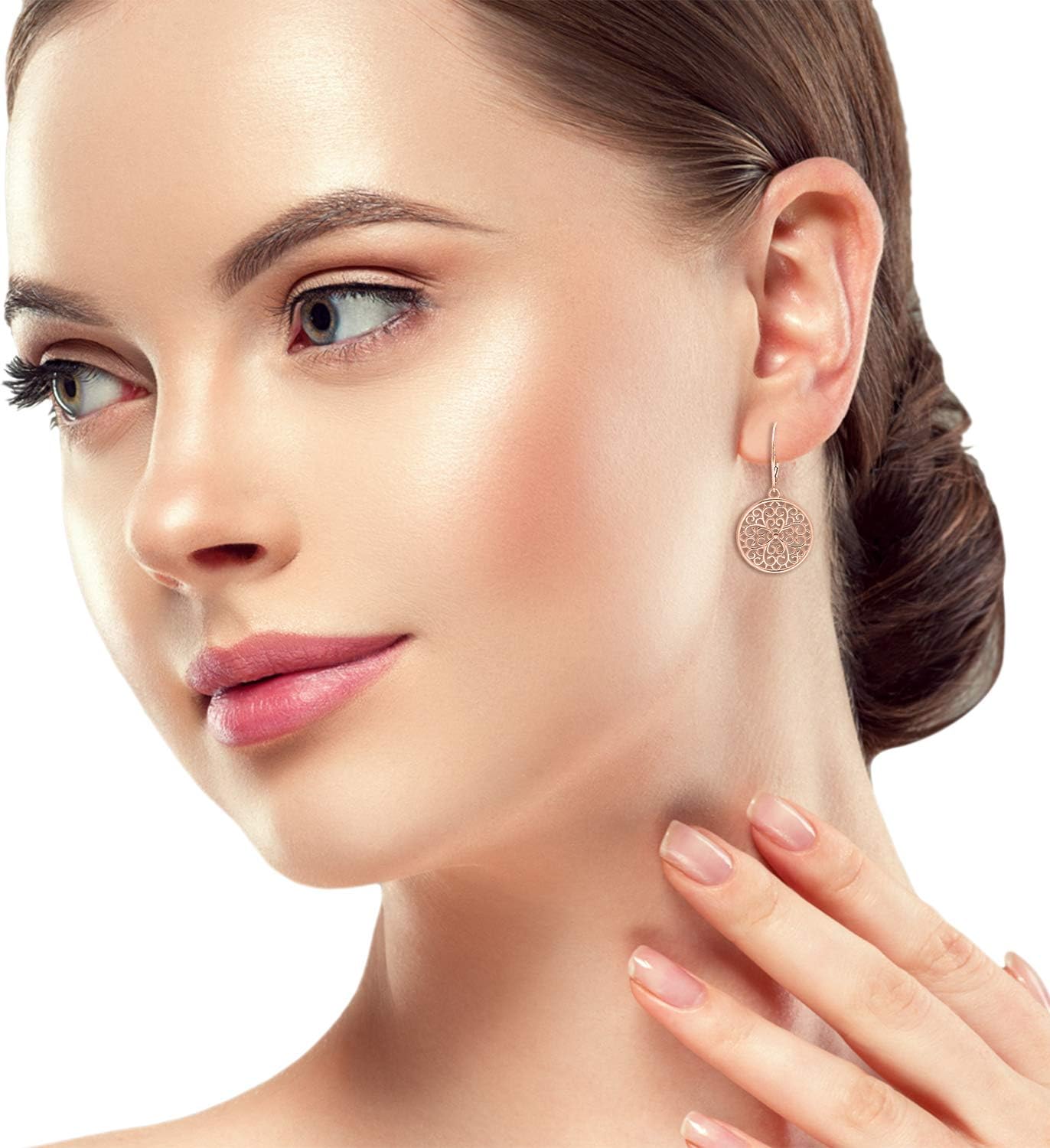 Sterling silver circle filigree leverback dangle earrings for women, 1.49" - Image 3