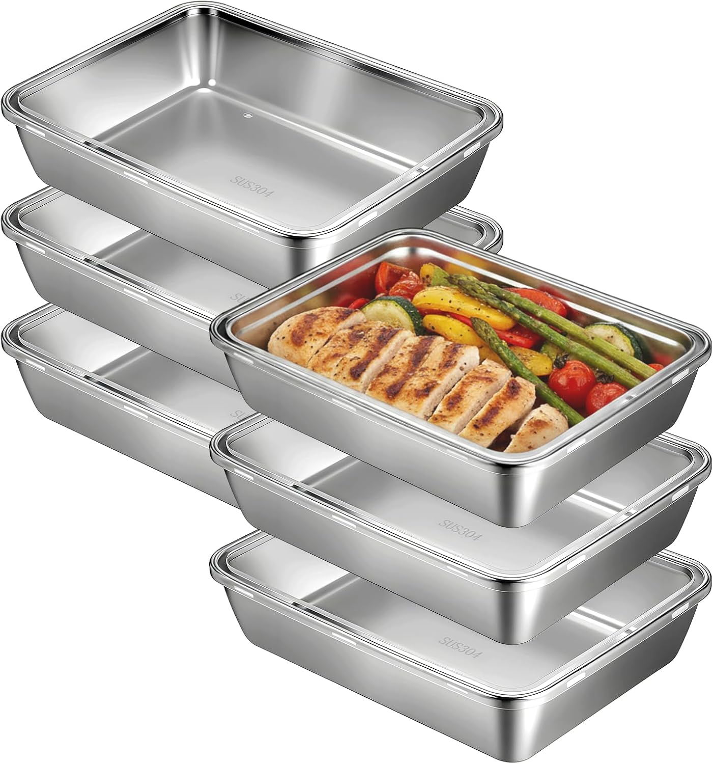 6 Pcs Stainless Steel Food Containers with Clear Lids, Fresh- Keeping Container, Deli Meat Keeper for Refrigerator, Stackable Snack Storage Boxes for Picnic BBQ Party Travel, Freezer & Dishwasher Safe