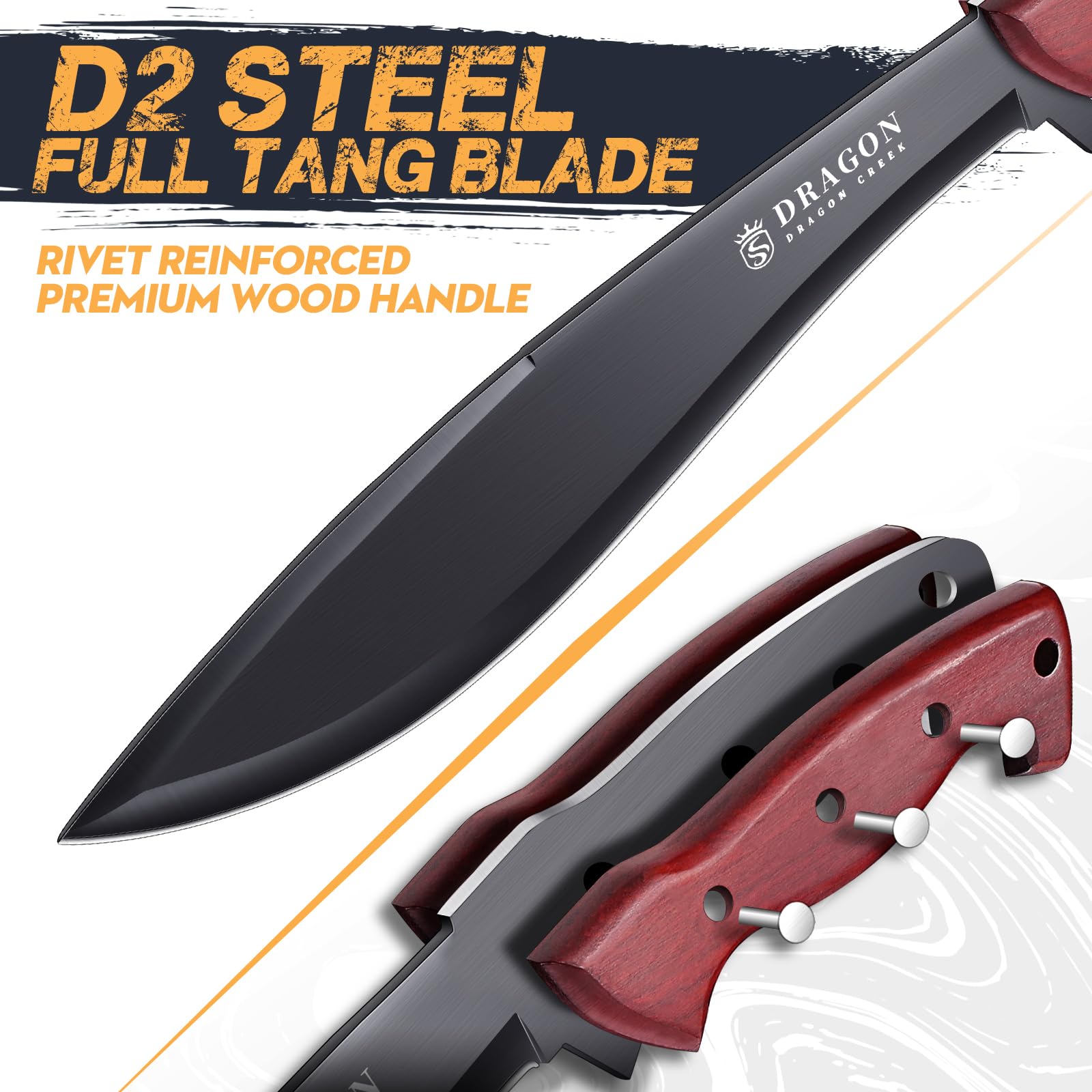 Dragon Creek Großes Outdoor Messer Full Tang Jagdmesser Survival Messer D2 Stahl Buschmesser geeignet für jegliche Bushcraft & Outdoor Aktivitäten Geschenke für Männer