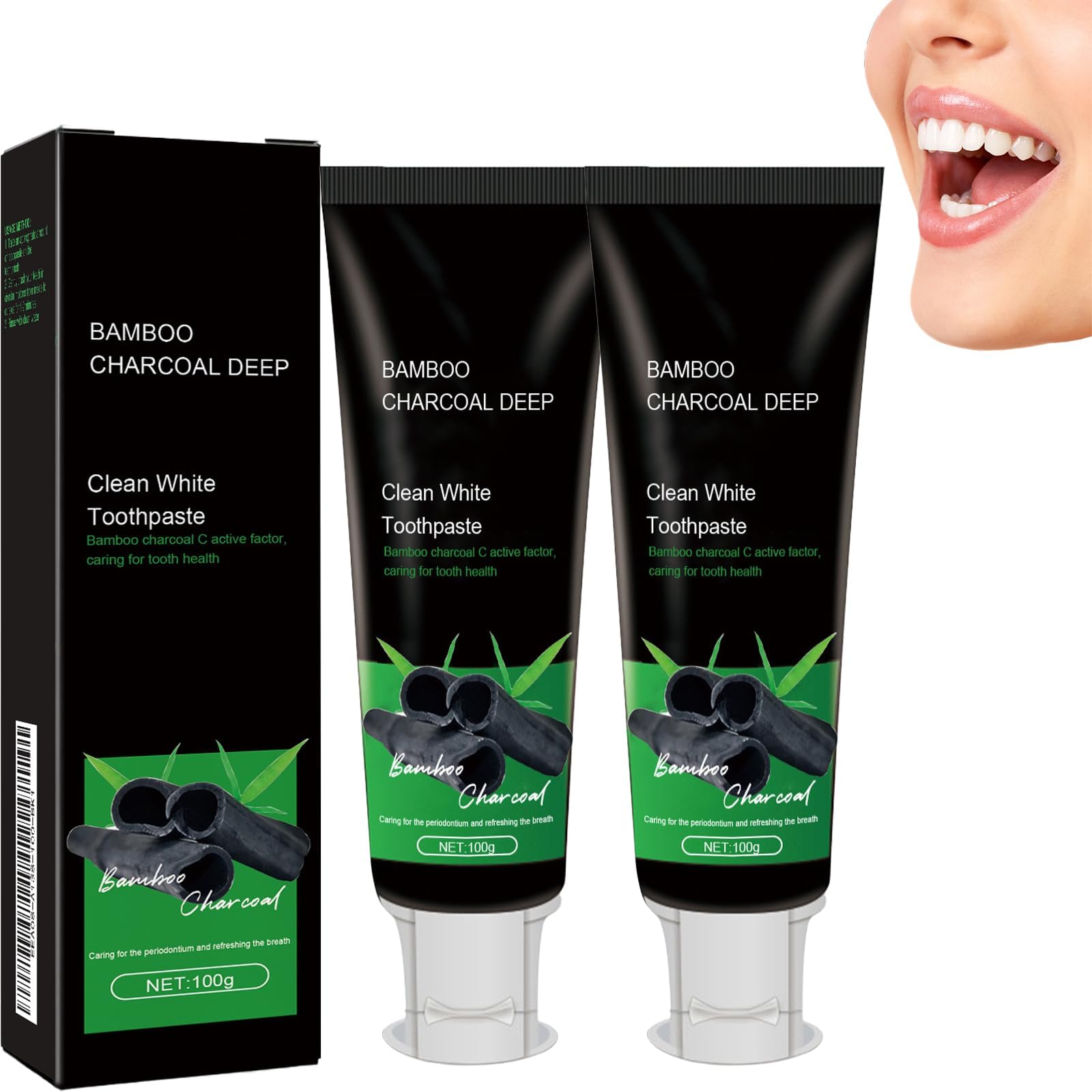Bamboo Charcoal Teeth whitening Toothpaste, Natural Bamboo Charcoal Toothpaste, Breath Freshening for Sensitive Tooth, Teeth Whitening Cream for Brightening and Fresh Breath, Non-Irritating, (2 PCS)