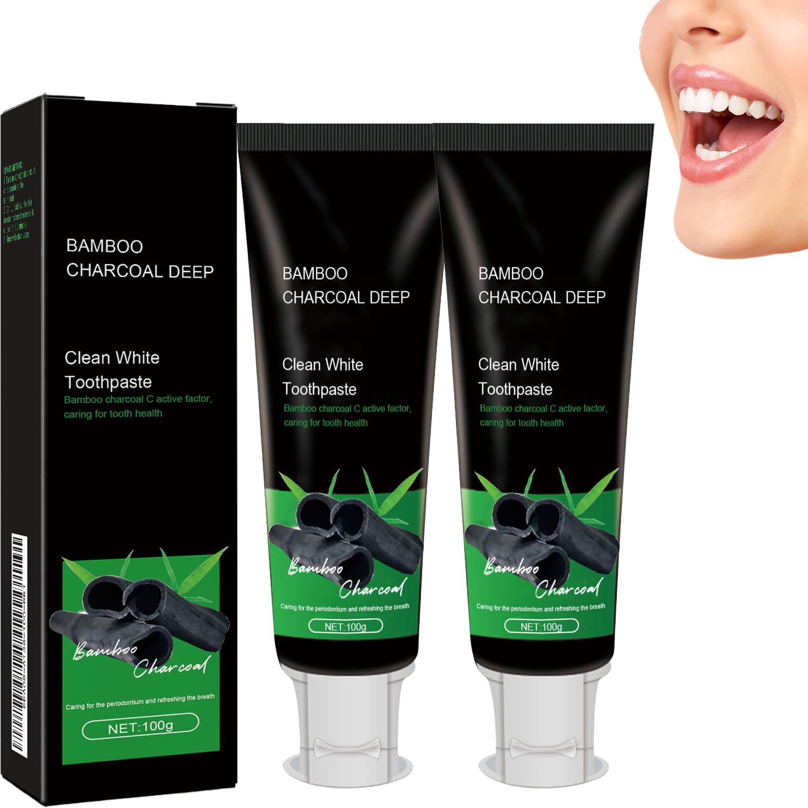 Bamboo Charcoal Teeth whitening Toothpaste, Natural Bamboo Charcoal Toothpaste, Breath Freshening for Sensitive Tooth, Teeth Whitening Cream for Brightening and Fresh Breath, Non-Irritating, (2 PCS)