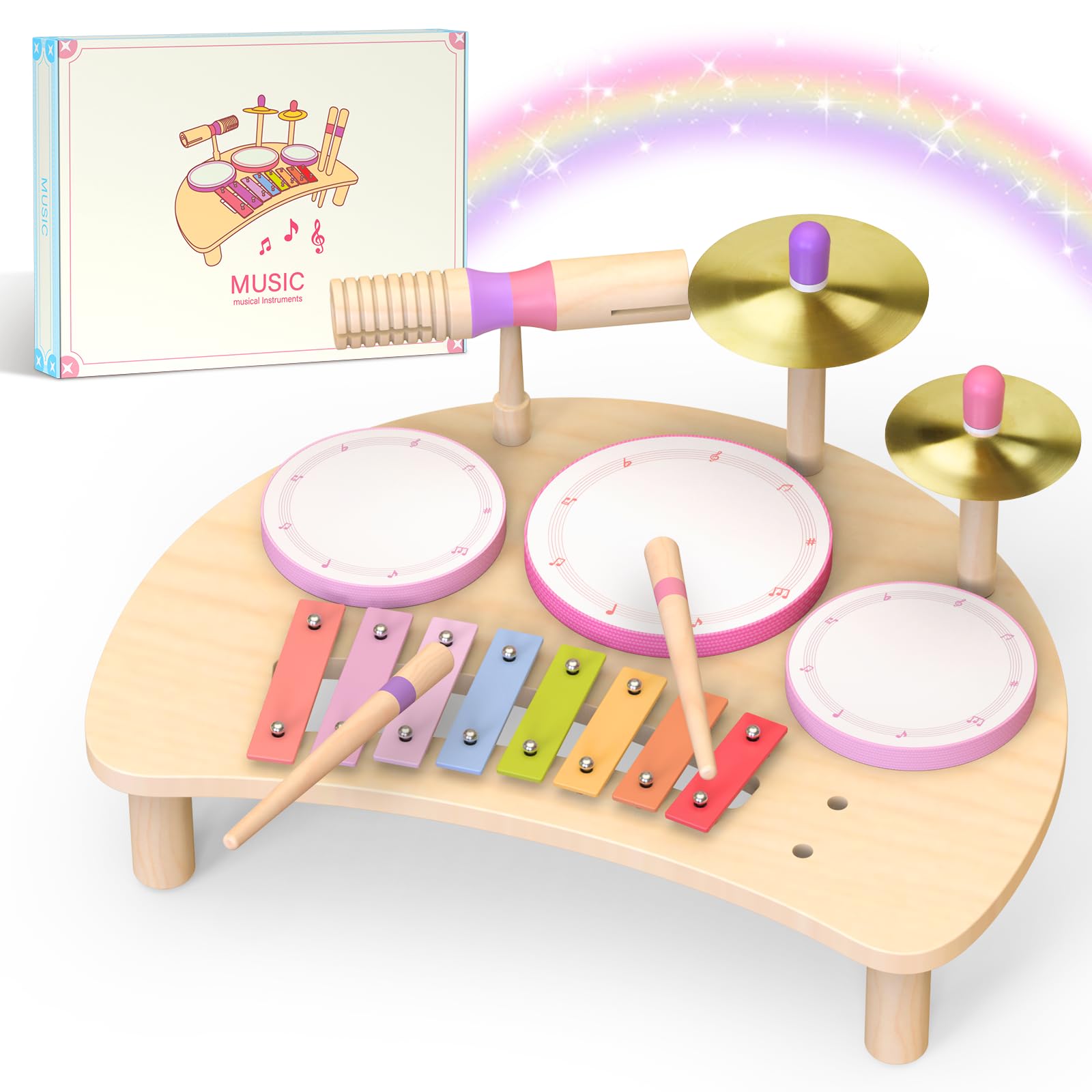Juego de Tambor Musical para niñas de 1 a 3 años | Montessori Juguete Musical de Madera a Partir de 1 año | Kit de Tambor Infantil con xilófono | Juguete Educativo cumpleaños