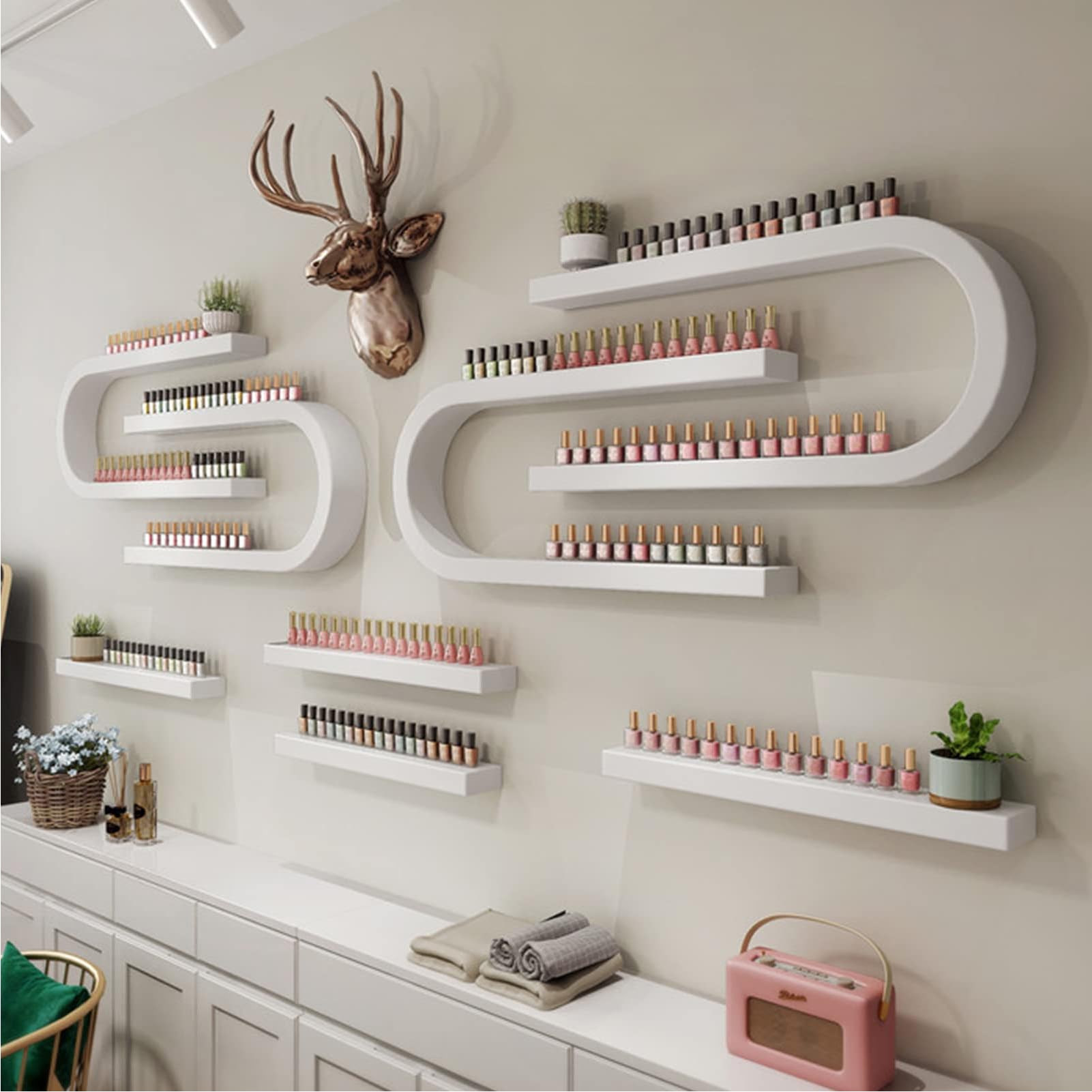 An Der Wand Montierte U-FöRmige Regale, Nagellack-Aufbewahrungsregale, Hintergrundregale FüR Nagelstudios, Multifunktionale Vitrinen Zur Aufbewahrung Von Kosmetika,Weiß