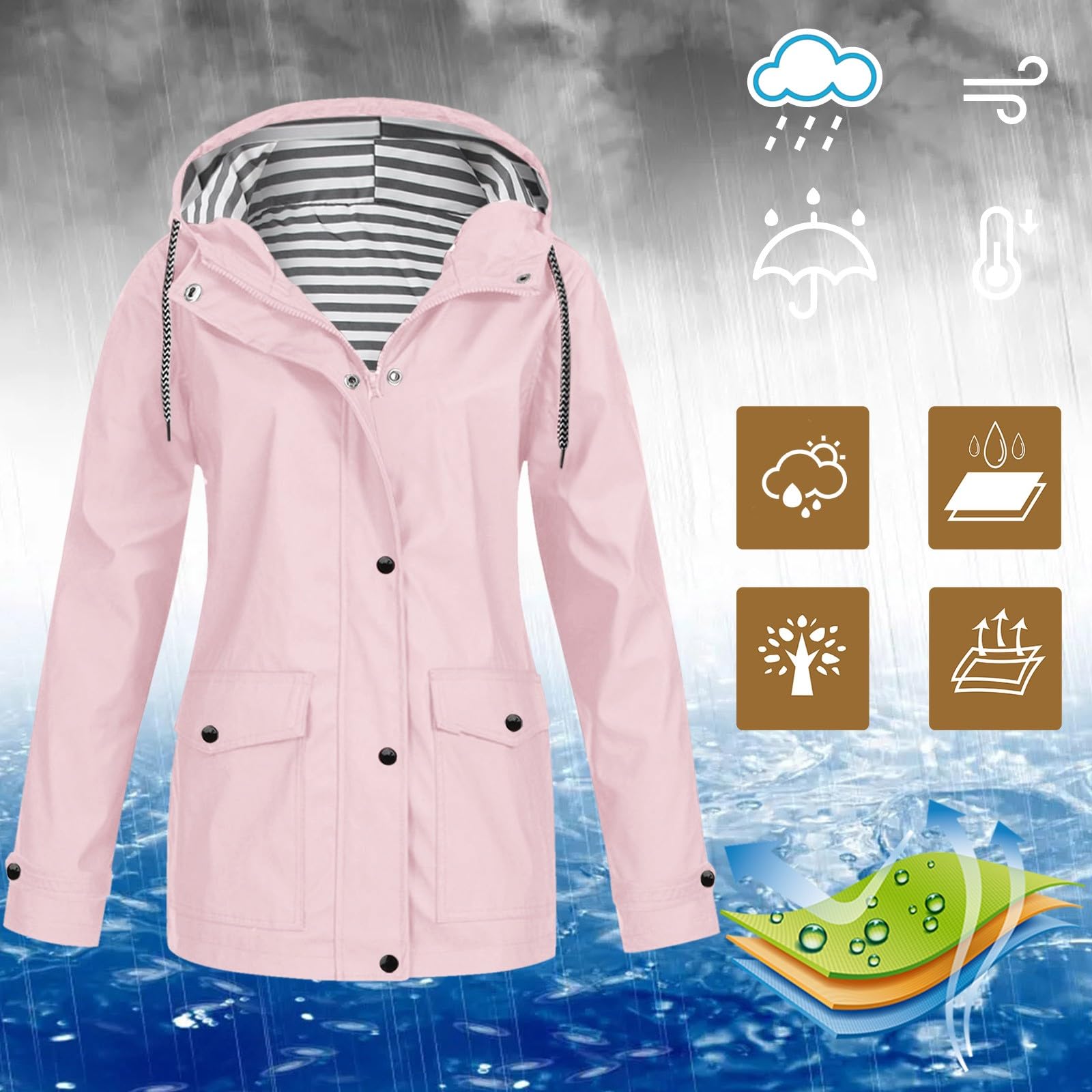 Genérico Cortavientos Impermeable Mujer-Sudadera Con Capucha Para Mujer Abrigo Impermeable Para La Lluvia Bolsillos SóLidos Chaqueta Con Cremallera Entrenamiento Chaqueta De Lluvia A De Al Libre