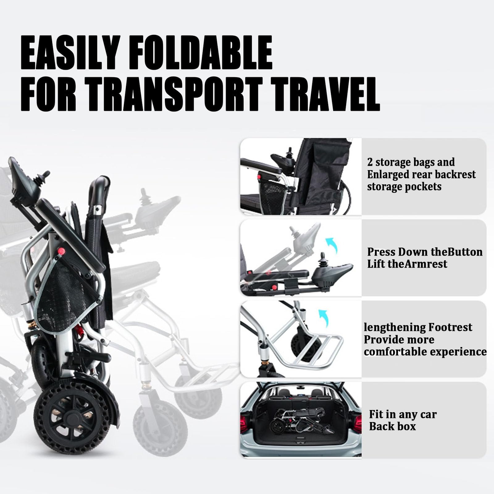 Silla de ruedas eléctrica portátil - Diseño plegable y ligero de 21 kg | Apta for aerolíneas | 3 opciones de batería (6 Ah/10 Ah/20 Ah) | Capacidad de 100 kg(6AH)