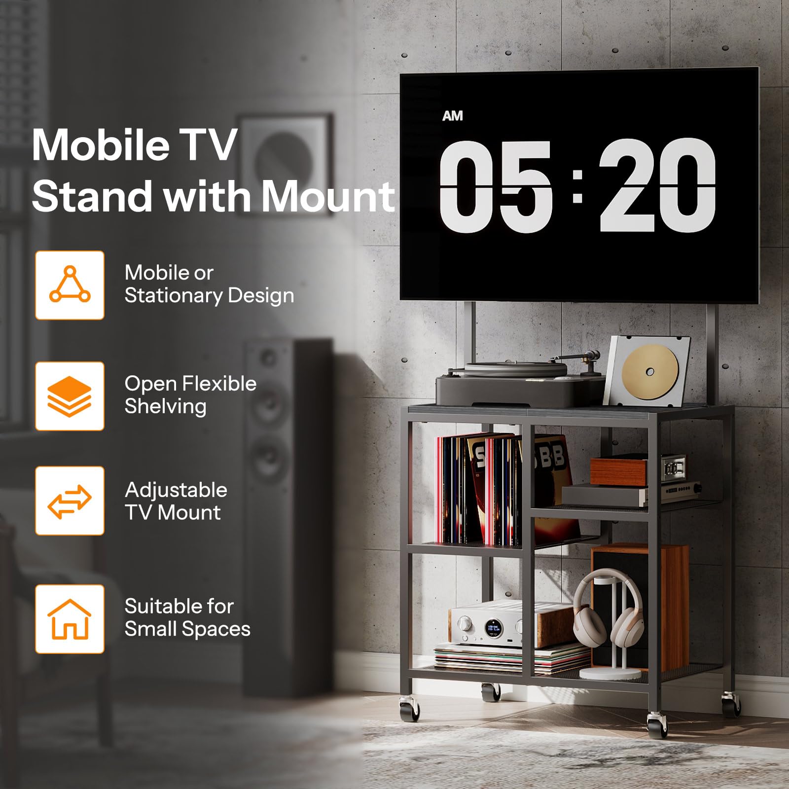 HOOBRO Mobile TV Stand on Wheels, Rolling TV Stand with Storage Shelves for 23-50 Inch TVs, Rolling Entertainment Center for Small Space, Living Room, Bedroom, Study, Black EBB37DS01 — view 4
