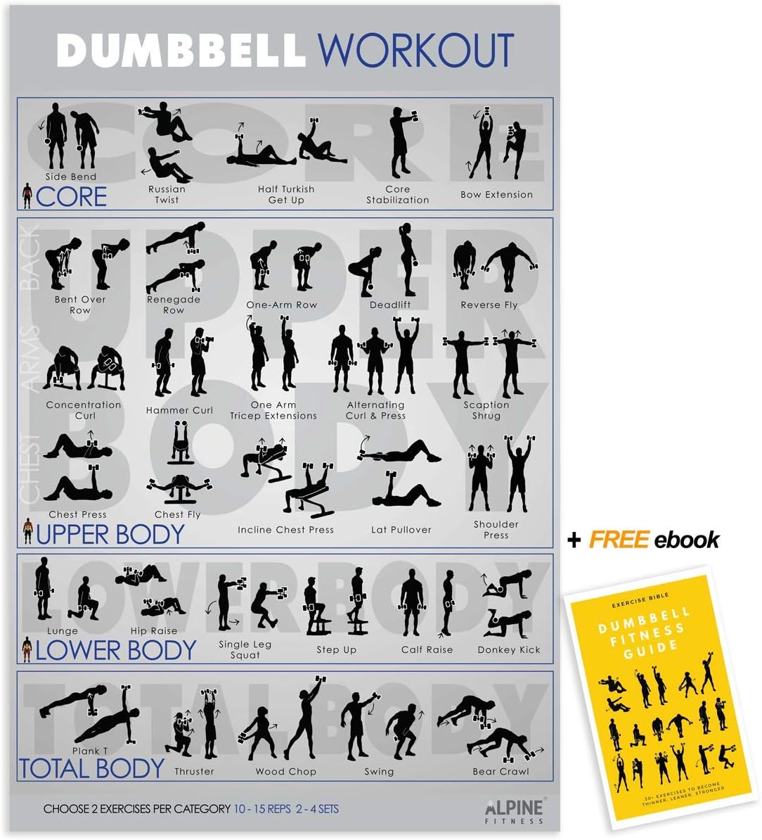 Dumbbell Workout Exercise Poster Guide - 30x20" UV Gloss Laminated Gym Chart