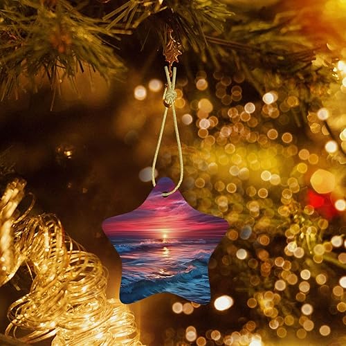 Miniatura 5 de Árbol de Navidad colgante de cerámica con lazo dorado, cálido crepúsculo, océano, adornos de cerámica para el hogar, manualidades en forma de