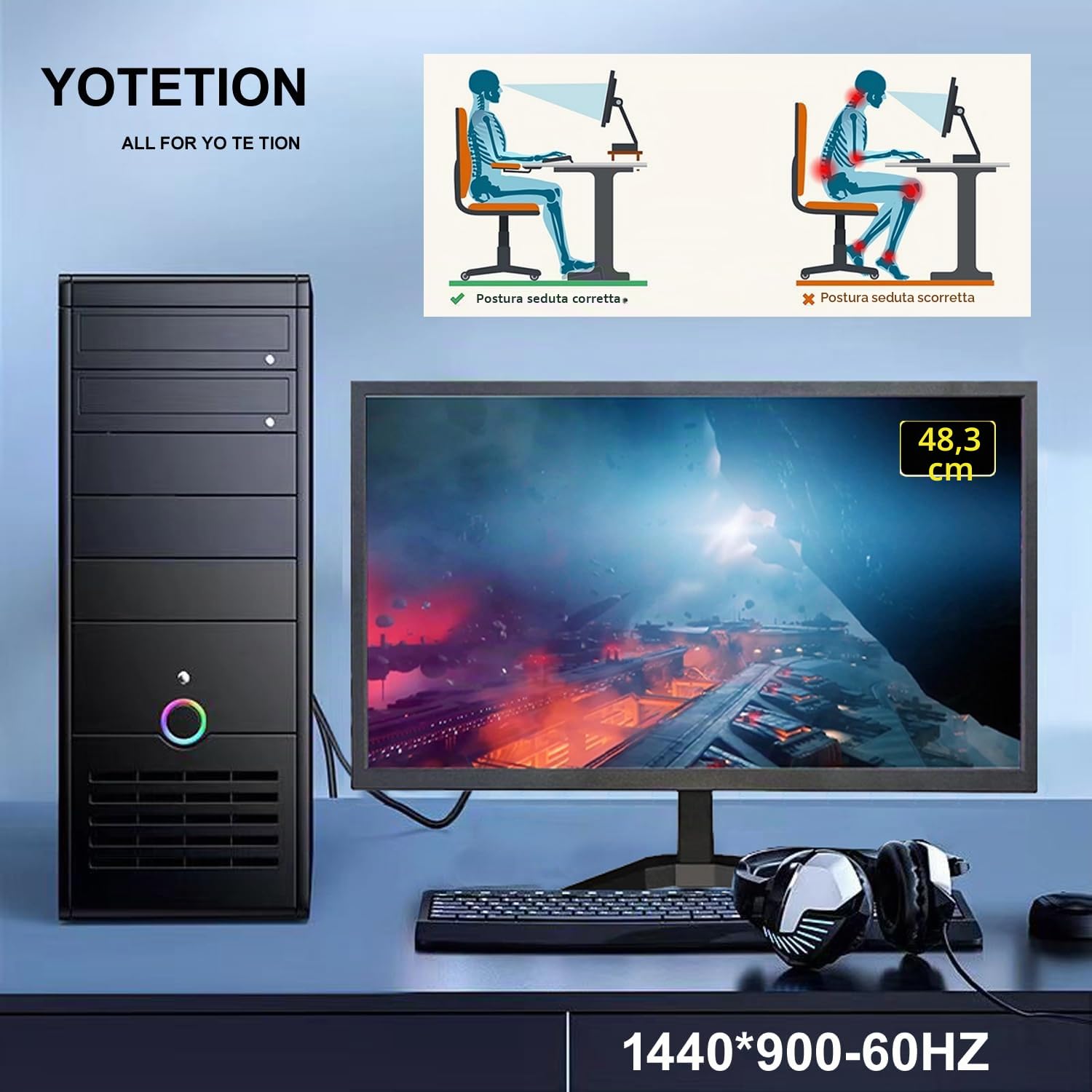 Monitor HD da 19" (1440 x 900), frequenza di aggiornamento 60Hz, HDMI x1, VGA x1, piccolo monitor sottile per laptop, computer e desktop, display LED, connessione