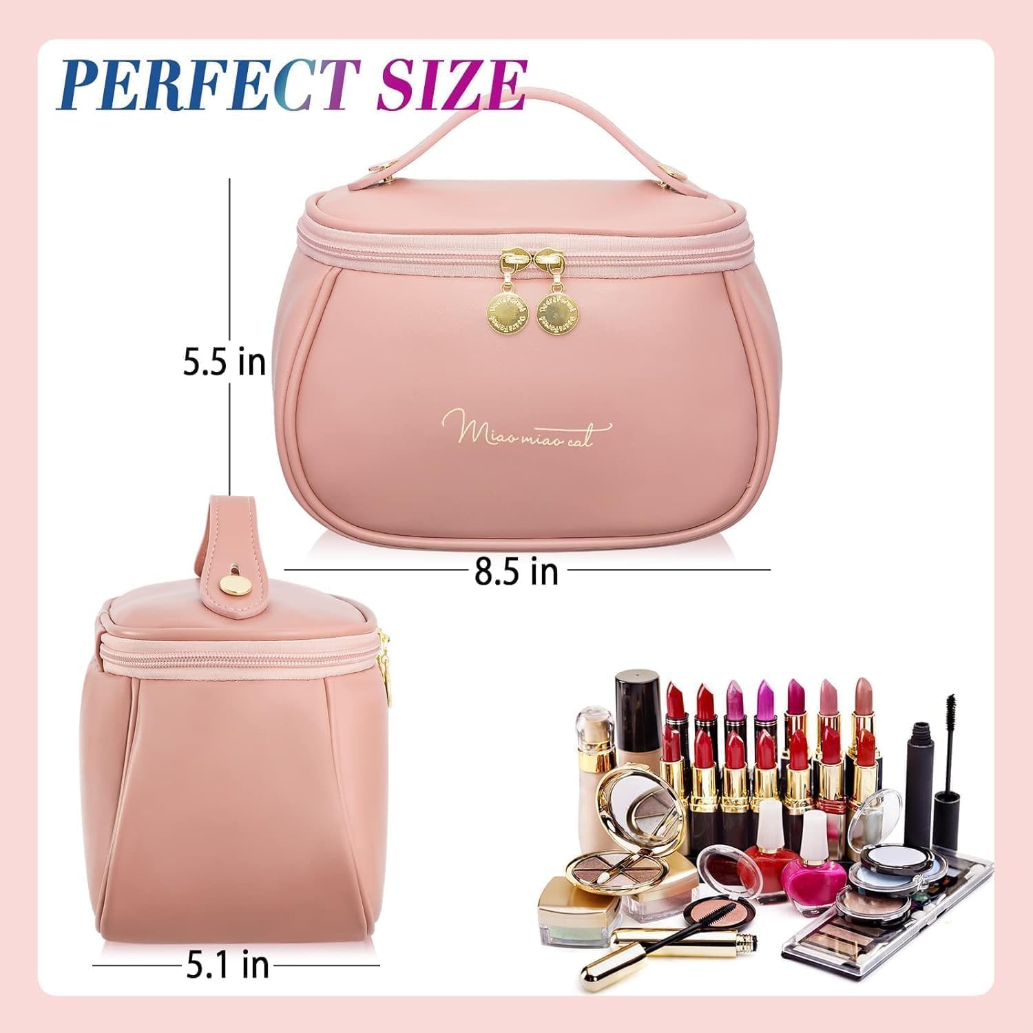 CHIDDHAN Travel Makeup Bag, Portable Travel Essentials Toiletry Bag for Women, Waterproof Large Capacity Cosmetic Leather Bag with Compartments (Pink) 1