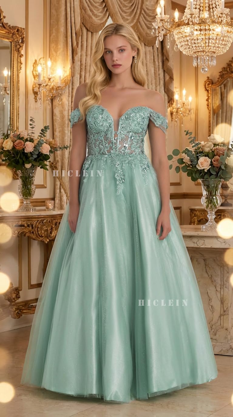 Women's Glitter Tulle Prom Dresses Long Off Shoulder Ball Gown 2026 Lace Appliques Corset Formal Evening Gown - Image 4