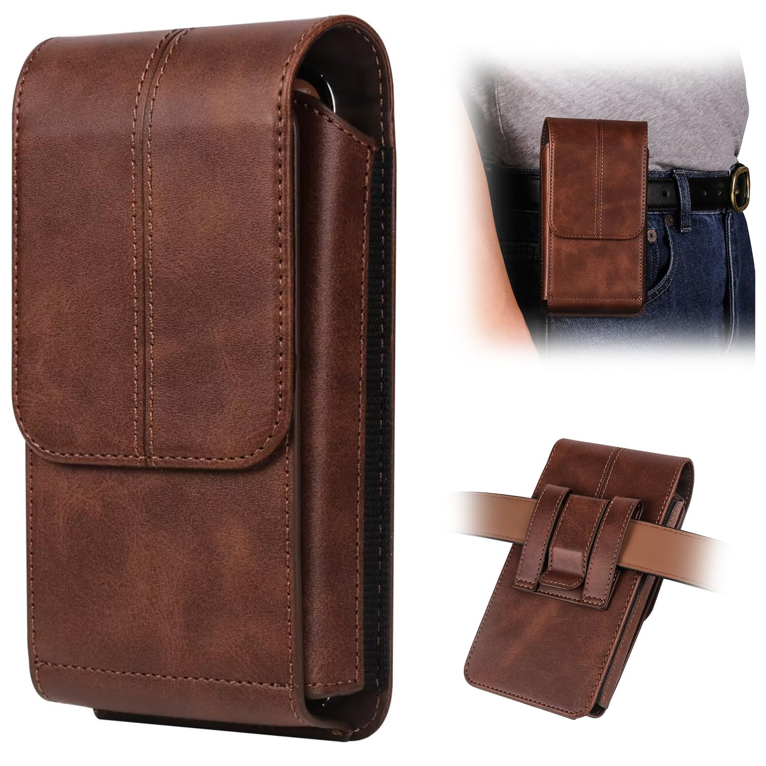 Belt Phone Holster with Clip Compatible with iPhone 17/16/15/14/13/12/11/XS, Galaxy S25/S24/S23/S22/S21, PU Leather Belt Phone Pouch Belt Case Waist Bag ID Card Pouch Protective Cover for Men, Brown