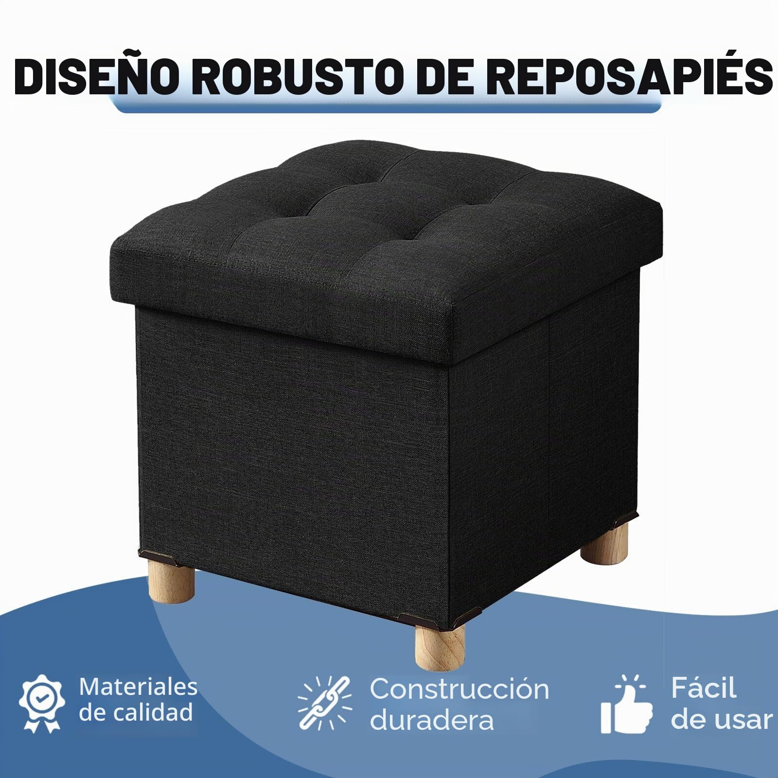 BRIAN & DANY Baúl Plegable Cuadrado Taburete de Almacenamiento Tapizado en Esponja con Patas de Madera Maciza, 38 x 38 x 38 cm, Negro