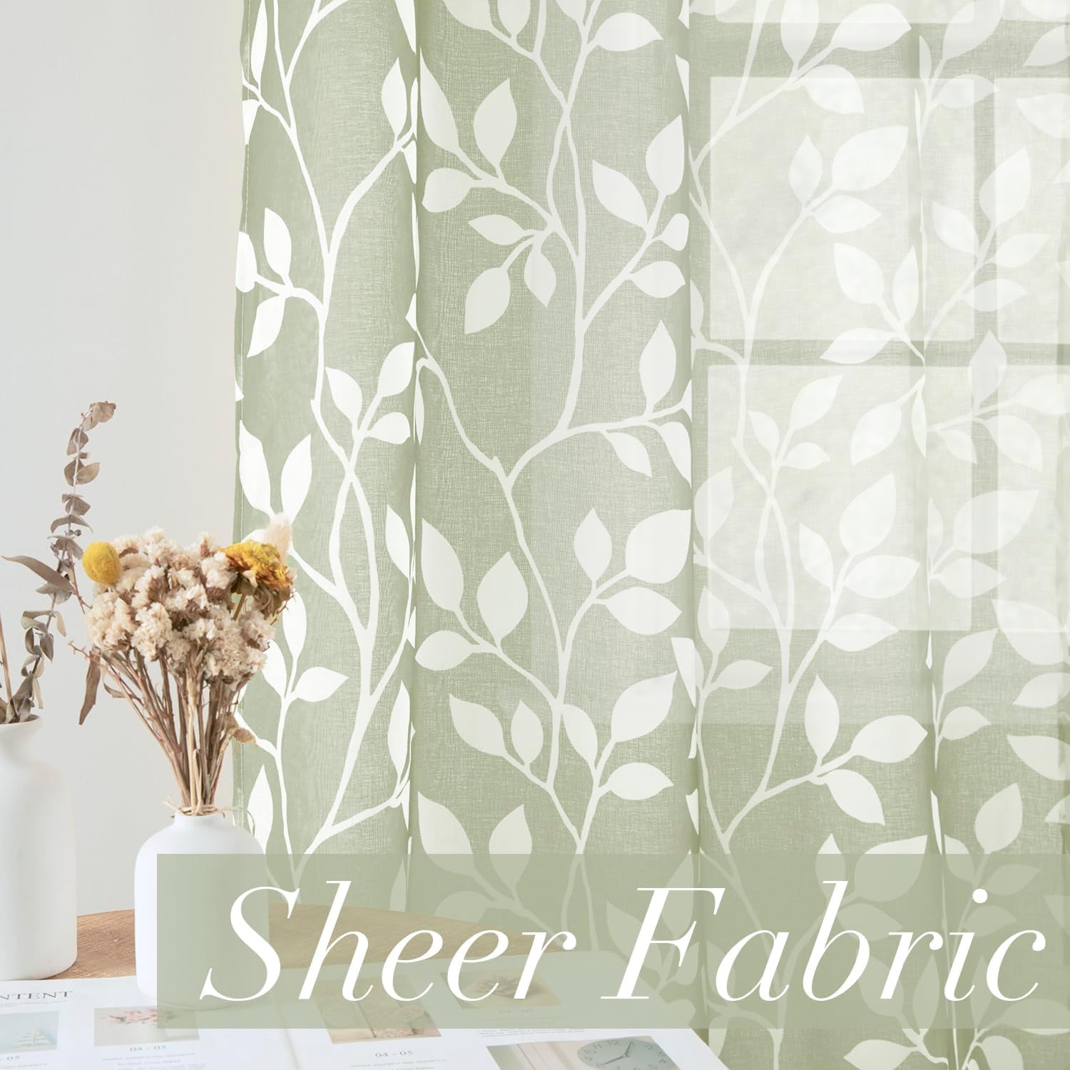 MRTREES Tende per Interni Moderne Verde Grigie Tende Trasparenti in Voile con Occhielli per Camera da Letto Soggiorno Salotto Eleganti Finestre Tenda con Stampa di Foglie 140x260 cm 2 Pezzi