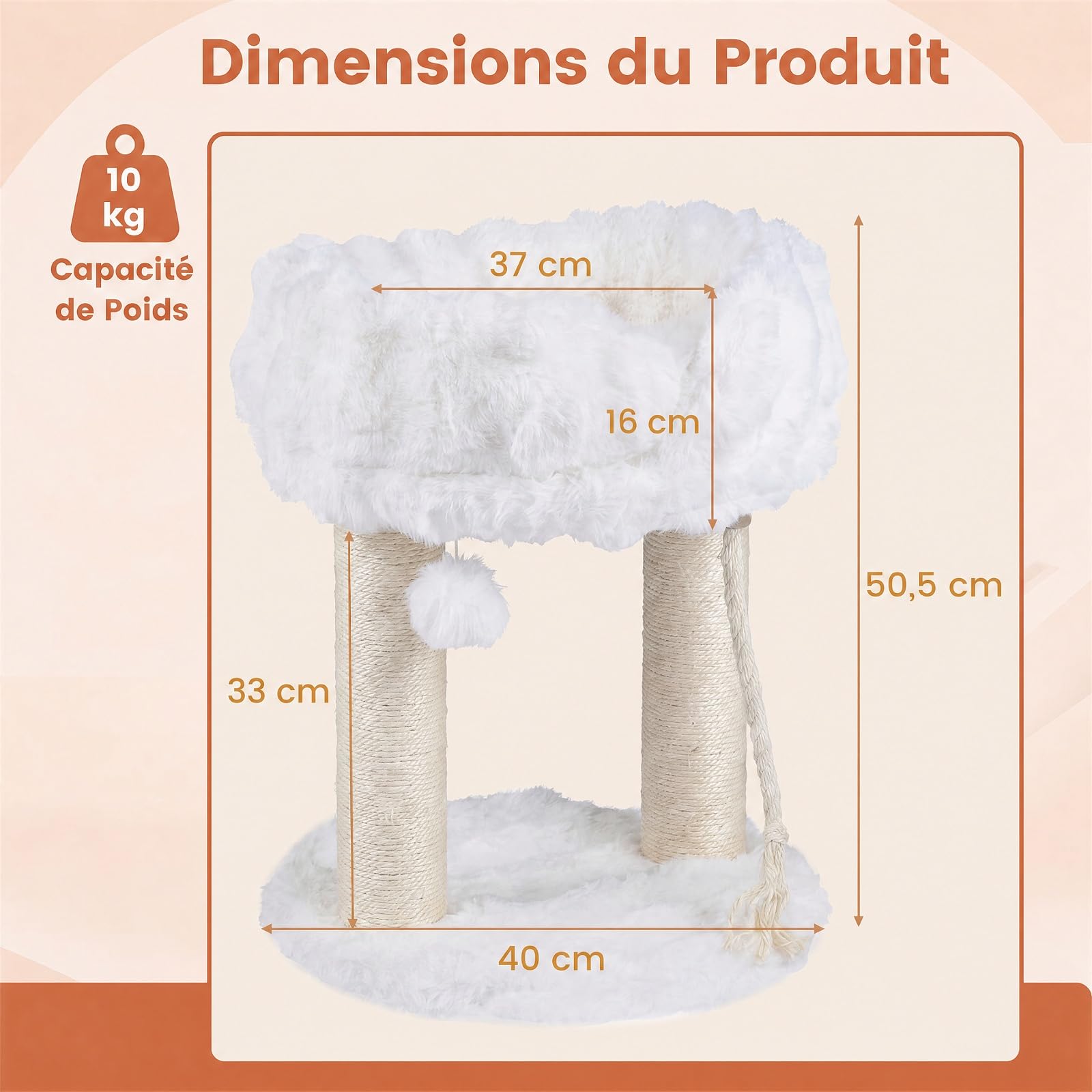 GOPLUS Petit Arbre a Chat à 2 Niveaux, Tour de Jeux pour Chats (Blanc) | Centre d’Activité 40x40x50CM avec Perchoir Rembourré en Peluche, 2 Poteaux Griffoir, Perchoir Doux, Corde et Balle Suspendue