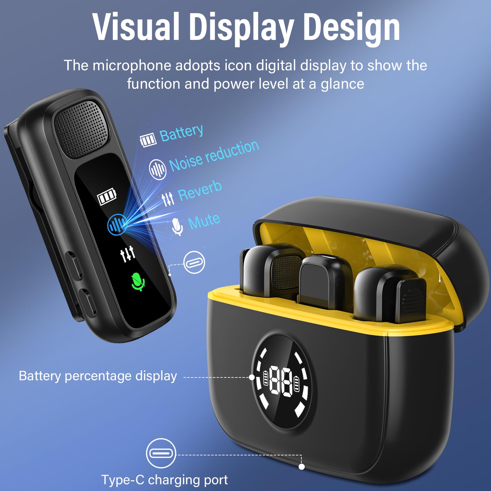 Microfono Lavalier Wireless,Mini Microfono Vlog con Display Digitale, Custodia di Ricarica,Cancellazione del Rumore,Microfono Wireless Lavalier 3 in 1 per La Registrazione Video (Giallo)