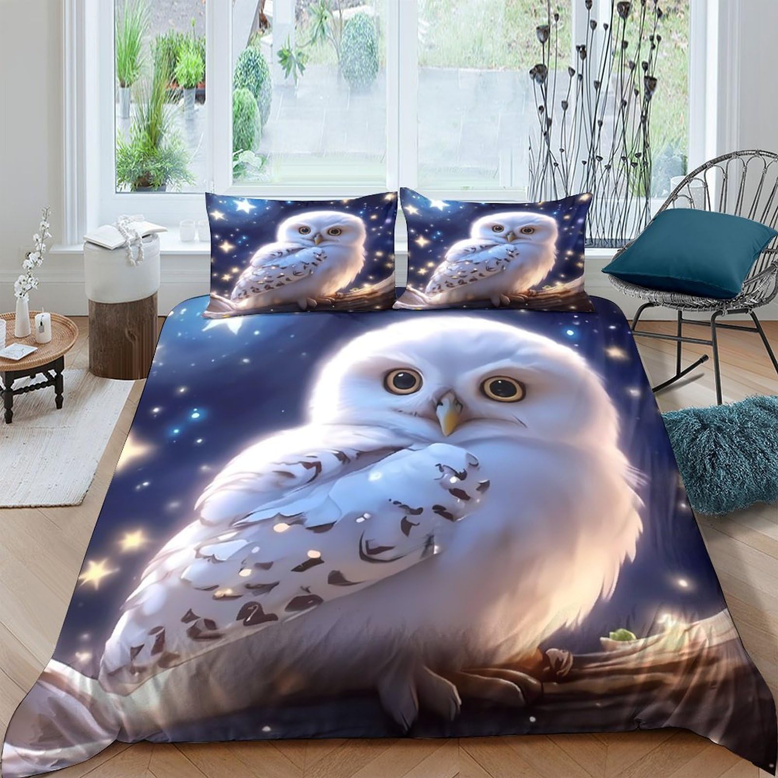 Ctjqhvkz Style-7 3D Printed Luminous Owl Fitted Sheet Microfiber Soft Mattress Cover Night Forest Bed Decor Bedroom Dorm Single（135X200cm）