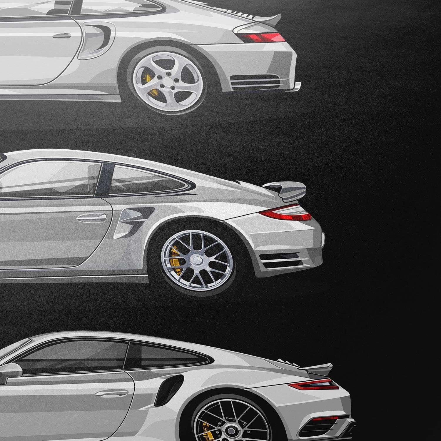 Cartistry Auto Poster 911 Turbo Generationen, 40x30cm, Holzrahmen Schwarz | Geschenk für Männer, Geschenk für Autoliebhaber