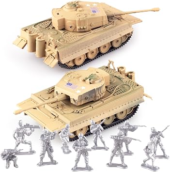 WW2 Army Tank and Army Men Toys Playset, 2pc Tank-18 Models with 10pc Toy Soldiers, Desert Tan 172 Military Vehicle, Great Military Toy for Kids Boys