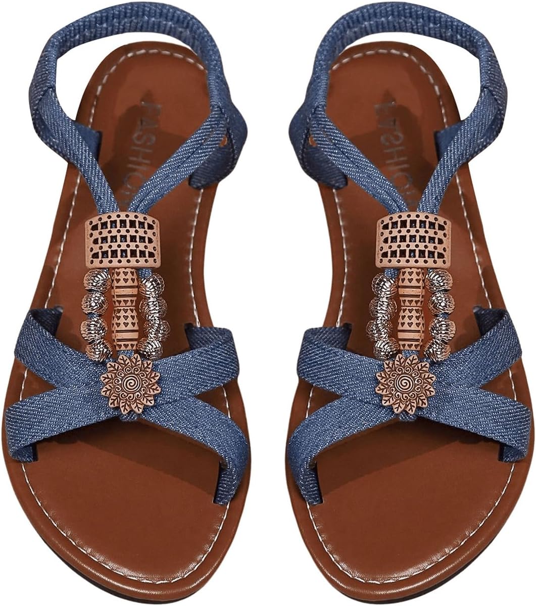 GORGLITTER Women's Denim Jeans Sandals Boho Roman Strappy Slides Elastic Ankle Strap Sandal Beach Vacation Summer Flats