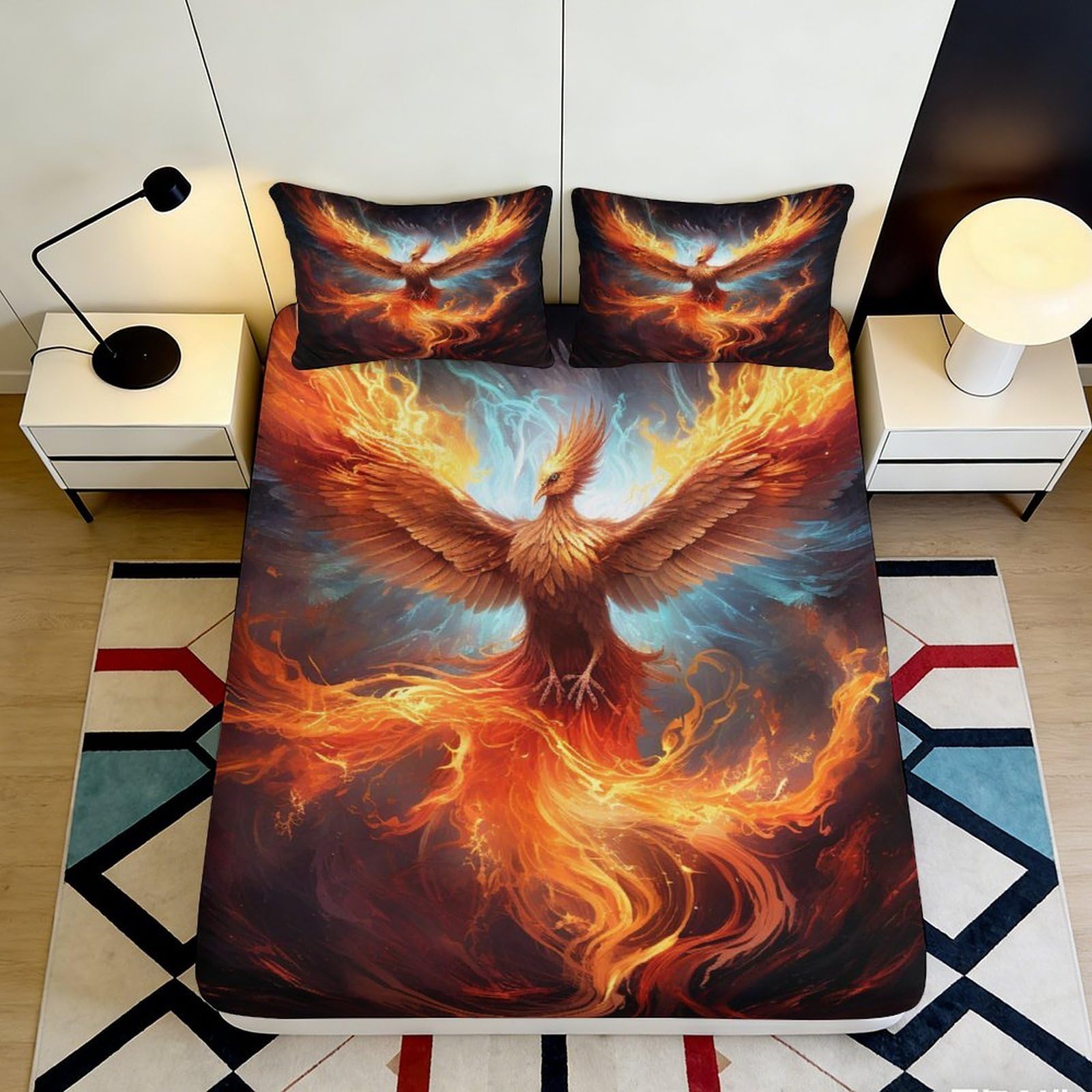 Dhbaneiok Style-5 3D Printed Phoenix Flame Fitted Sheet Microfiber Soft Decorative Fire Bird Bed Cover For Bedroom Dorm Mattress Protection 90X200x25cm