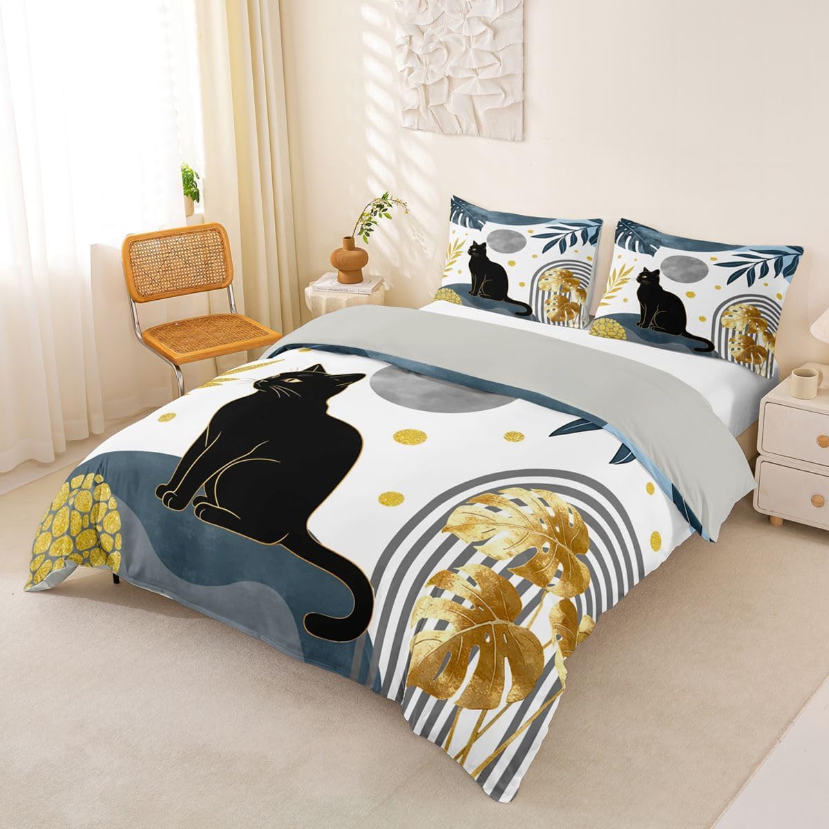 Erosebridal Boho Bohemian Style Duvet Cover Set Abstract Stripes Girl Toddler Bedding Set for Little Boys Mid Century Bohemian Comforter Cover Black Cat Palm Leaf Bed Sets