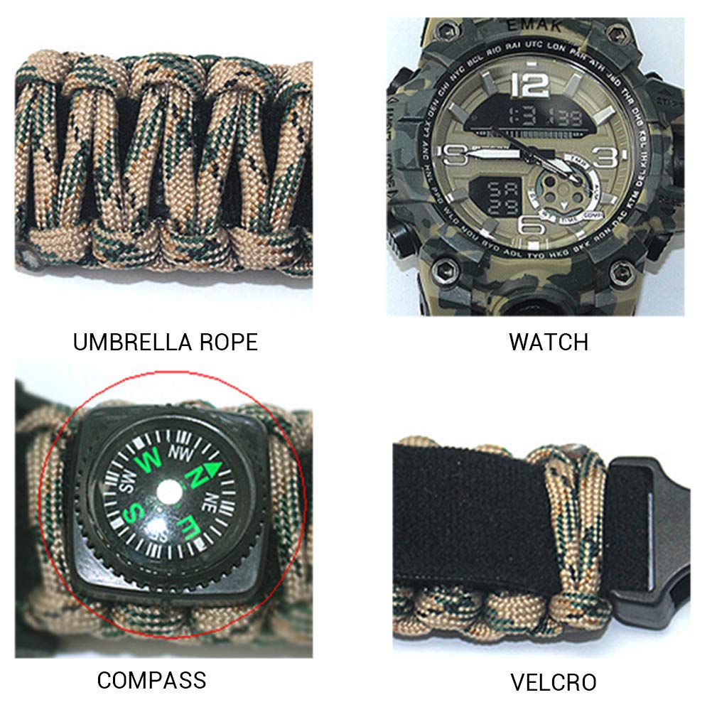 Reloj digital militar de supervivencia, reloj de supervivencia para exteriores, pulsera multifuncional, brújula, silbato, pulsera de paracord, equipo, kit de herramientas