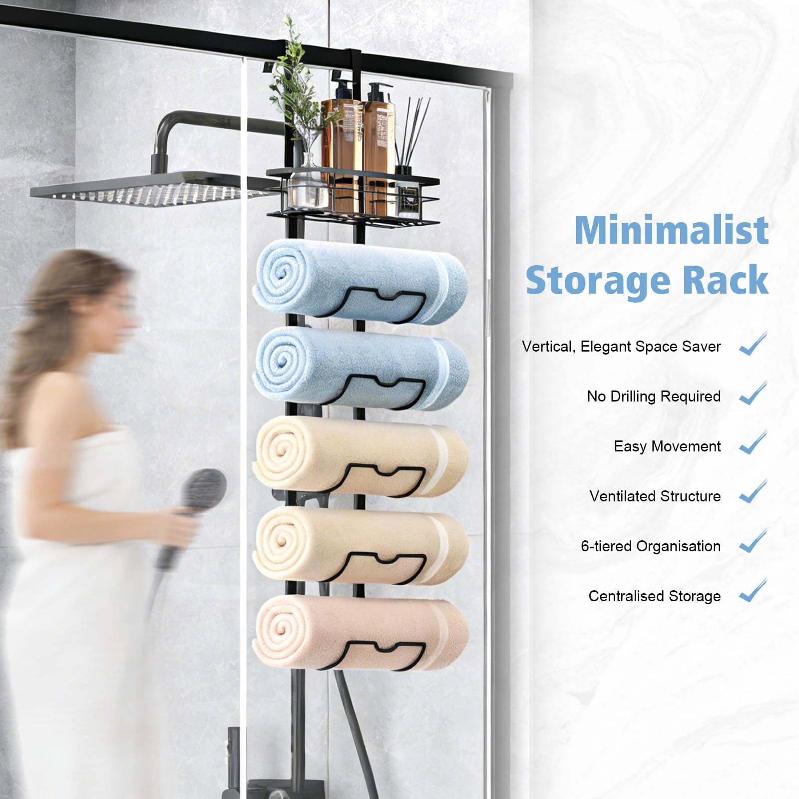 Toallero para colgar sobre la puerta, toallero de baño de 6 niveles con cesta de almacenamiento, organizador de toallas enrollado para el hogar y el hotel