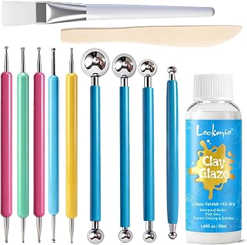 12PCS Dotting Tools Set, Clay Sculpting Tools with Double-Sided Ball Tips & 1.7OZ Air Dry Clay Glaze for Rock Painting, Pottery Embossing, Canvas Drawing & Clay Modeling Kit for Artists and Crafters