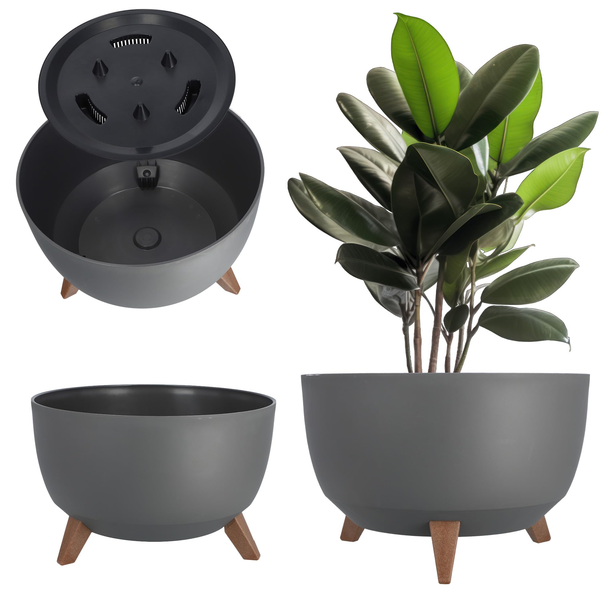 KADAX Plastic Flower Pot with Three Stands, Round Flower Bowl, Flower Pot, Flower Pot, Flower Pot, Balcony, Living Room (39.5 cm, Anthracite)